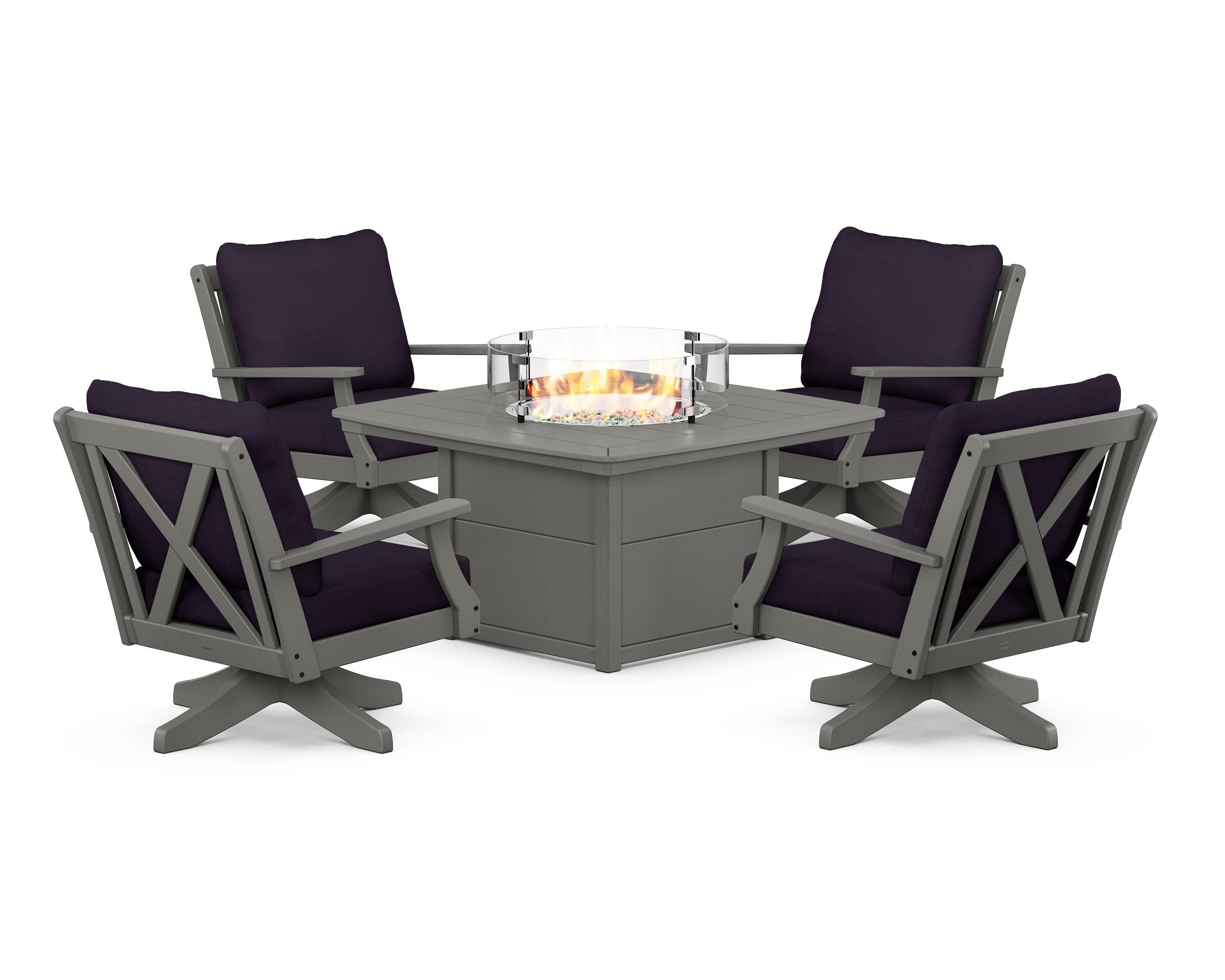 POLYWOOD® Braxton 5-Piece Deep Seating Swivel Conversation Set with Fire Pit Table in Slate Grey / Navy Linen