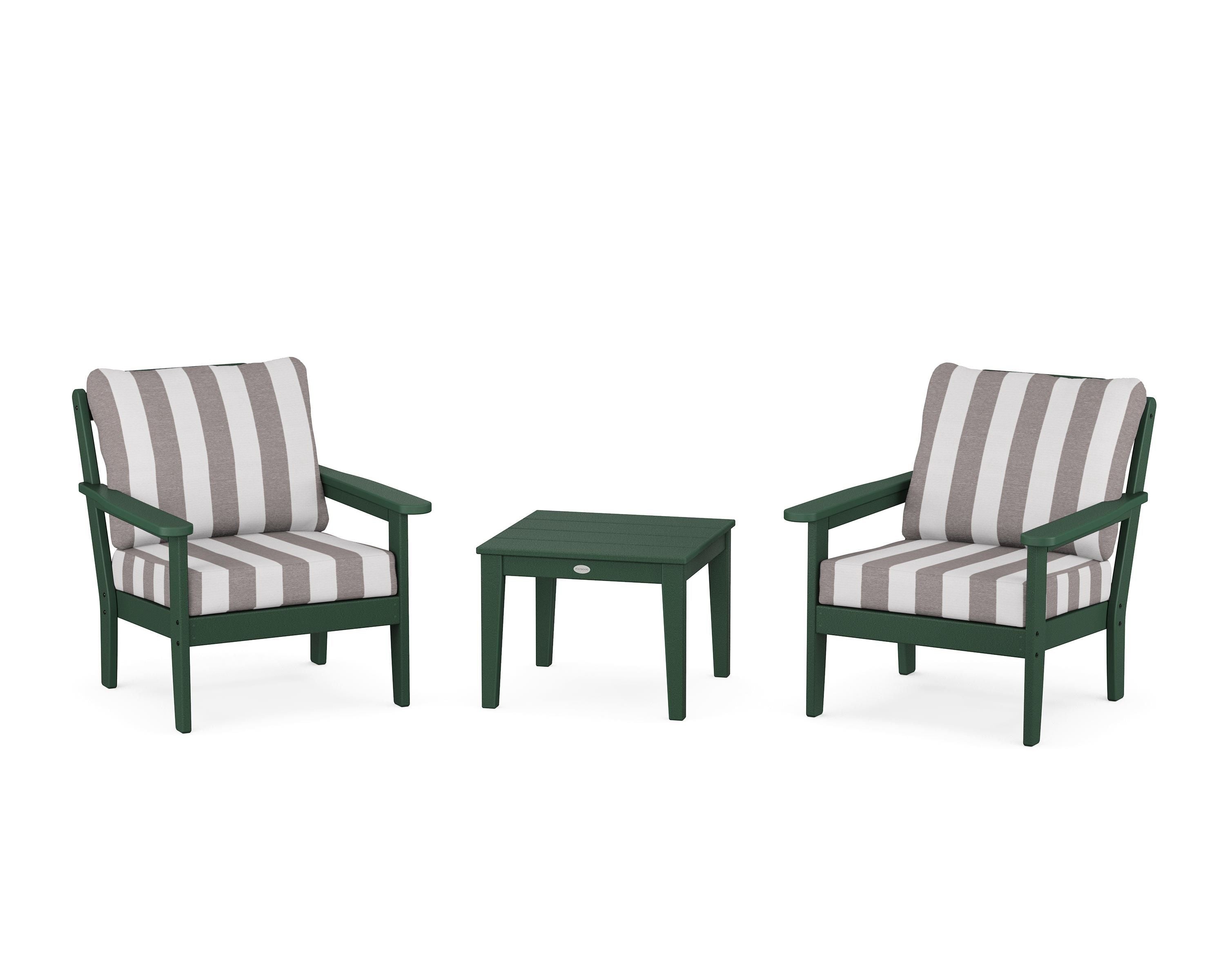 Country Living Cottage 3-Piece Deep Seating Set in Green / Cabana Stripe Grey Mist