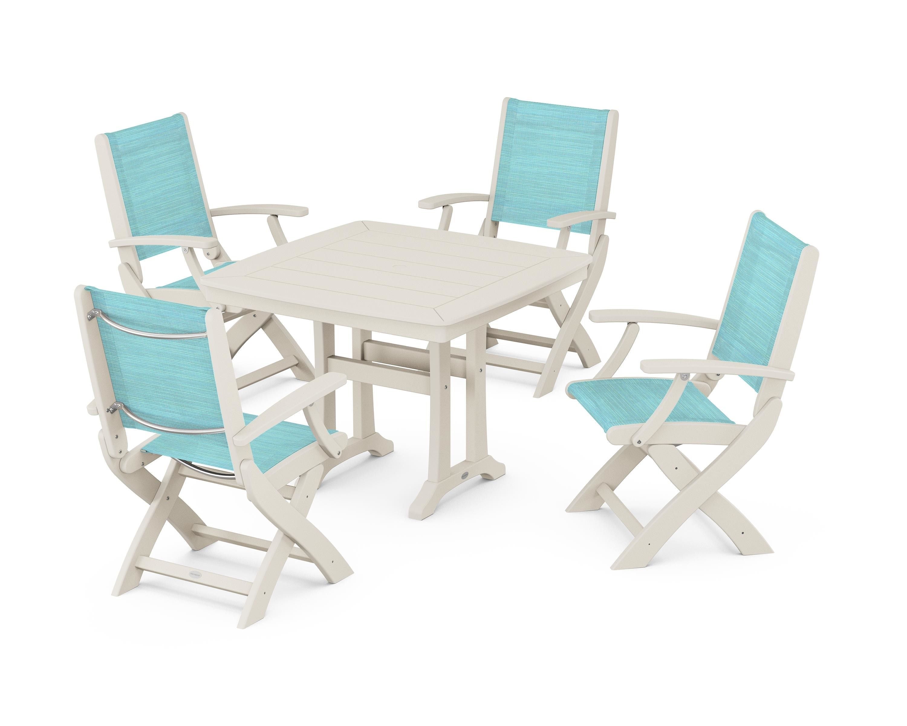 POLYWOOD® Coastal Folding Chair 5-Piece Dining Set with Trestle Legs in Sand / Dupioni Aquamarine Sling