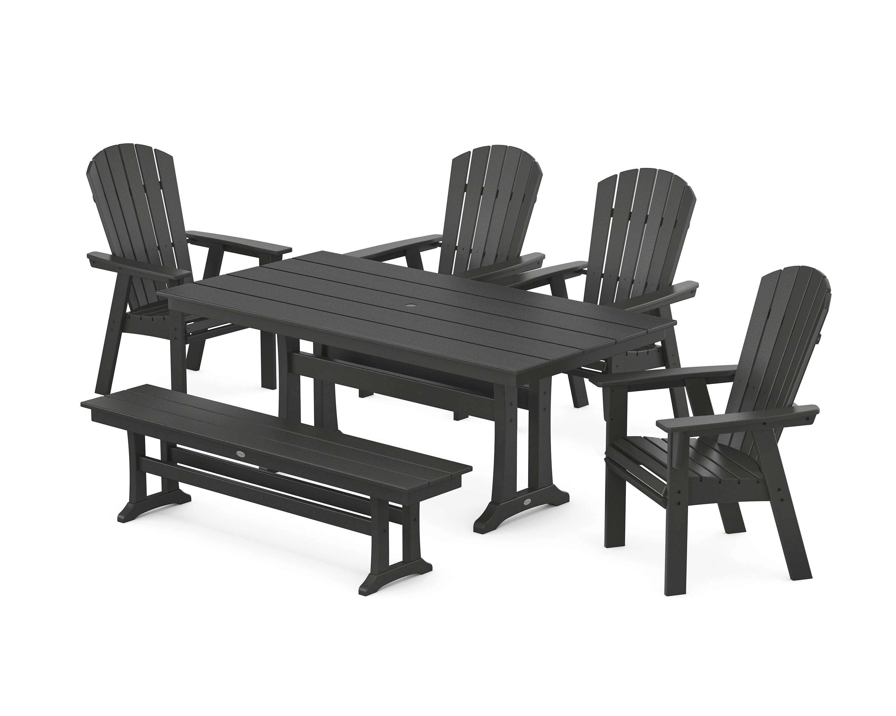 POLYWOOD® Nautical Curveback Adirondack 6-Piece Farmhouse Dining Set with Trestle Legs and Bench in Black
