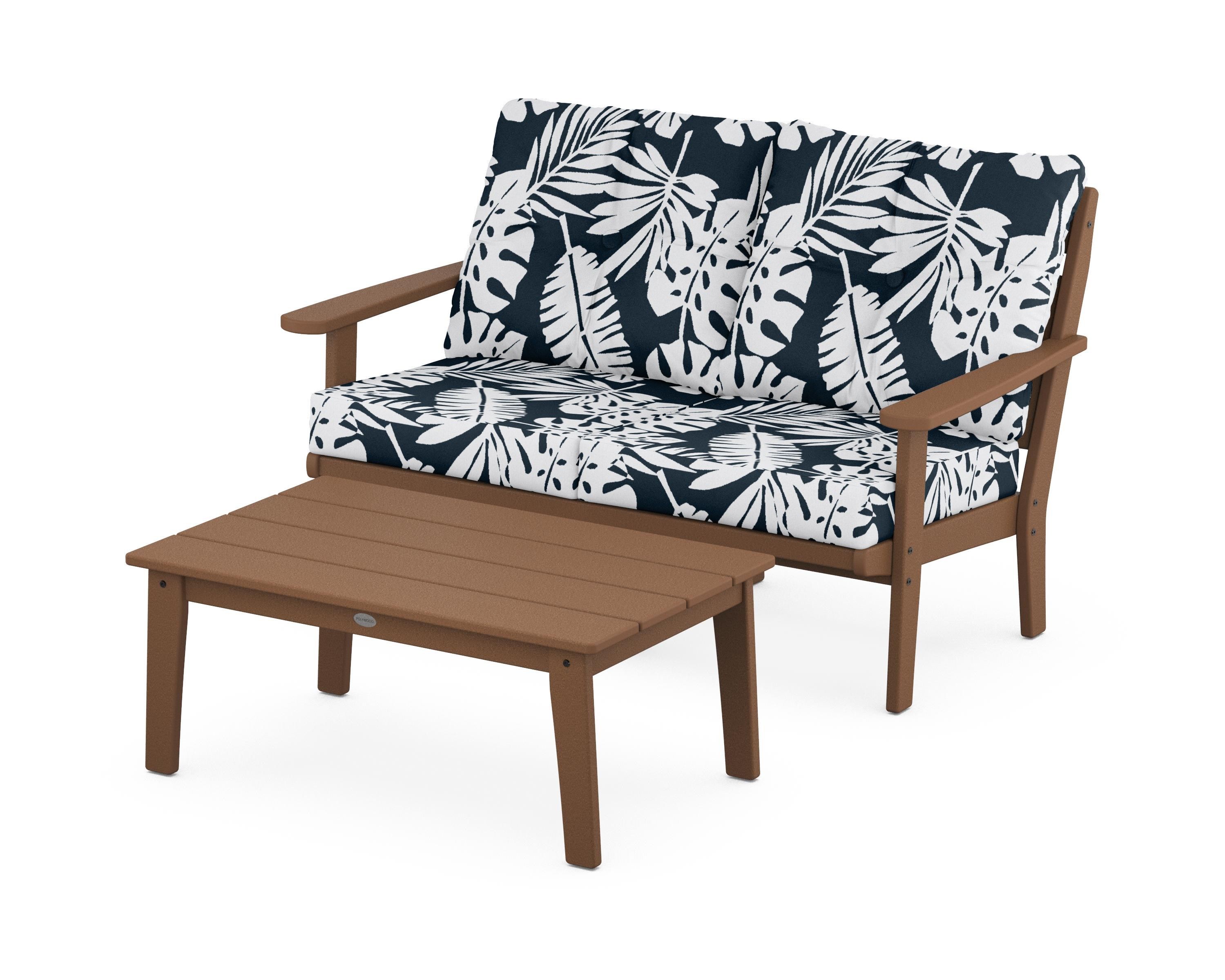 POLYWOOD® Lakeside 2-Piece Lounge Loveseat Set in Teak / Leaf Marine Indigo