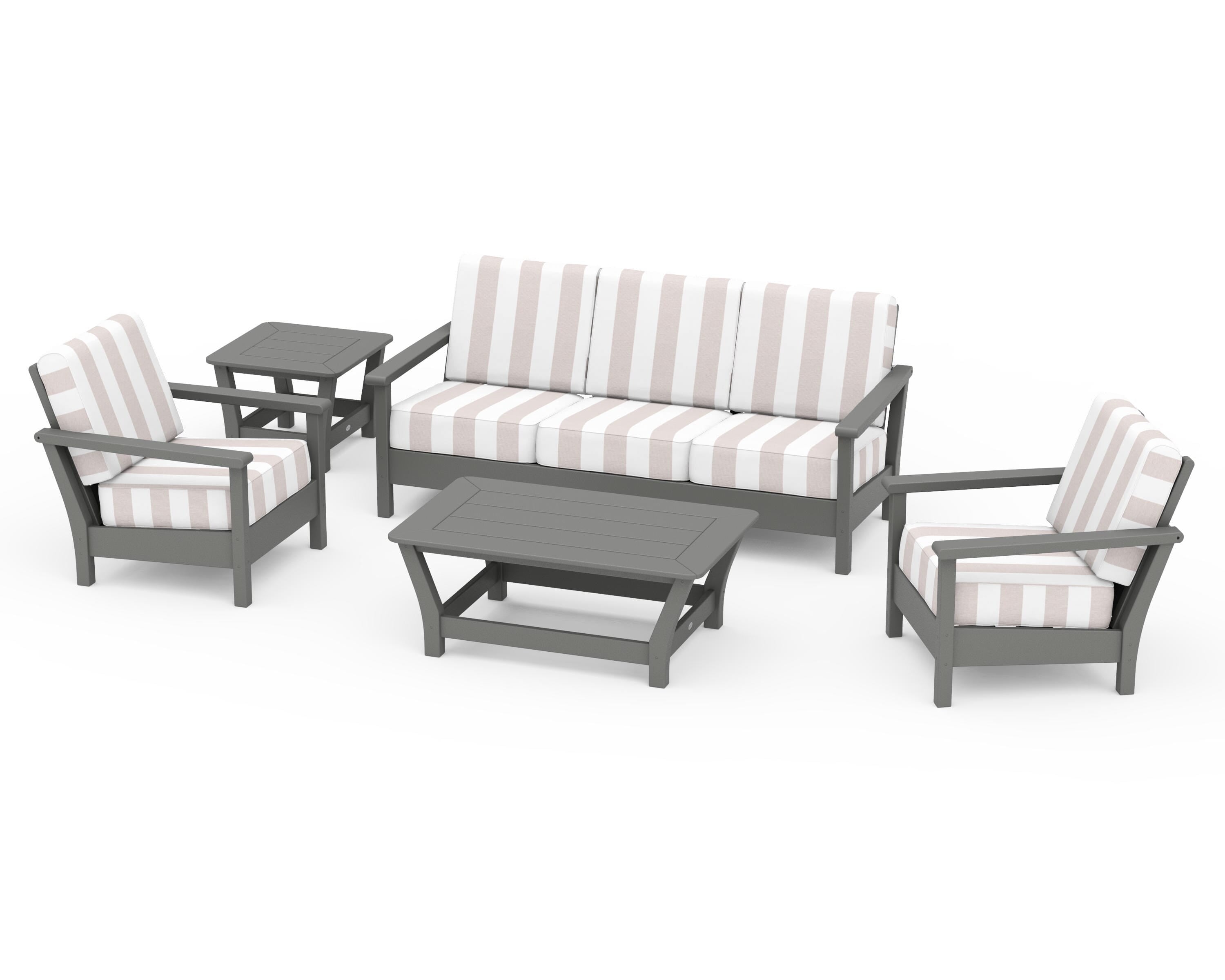 POLYWOOD® Harbour 5-Piece Deep Seating Set in Slate Grey / Cabana Stripe Dune Burlap
