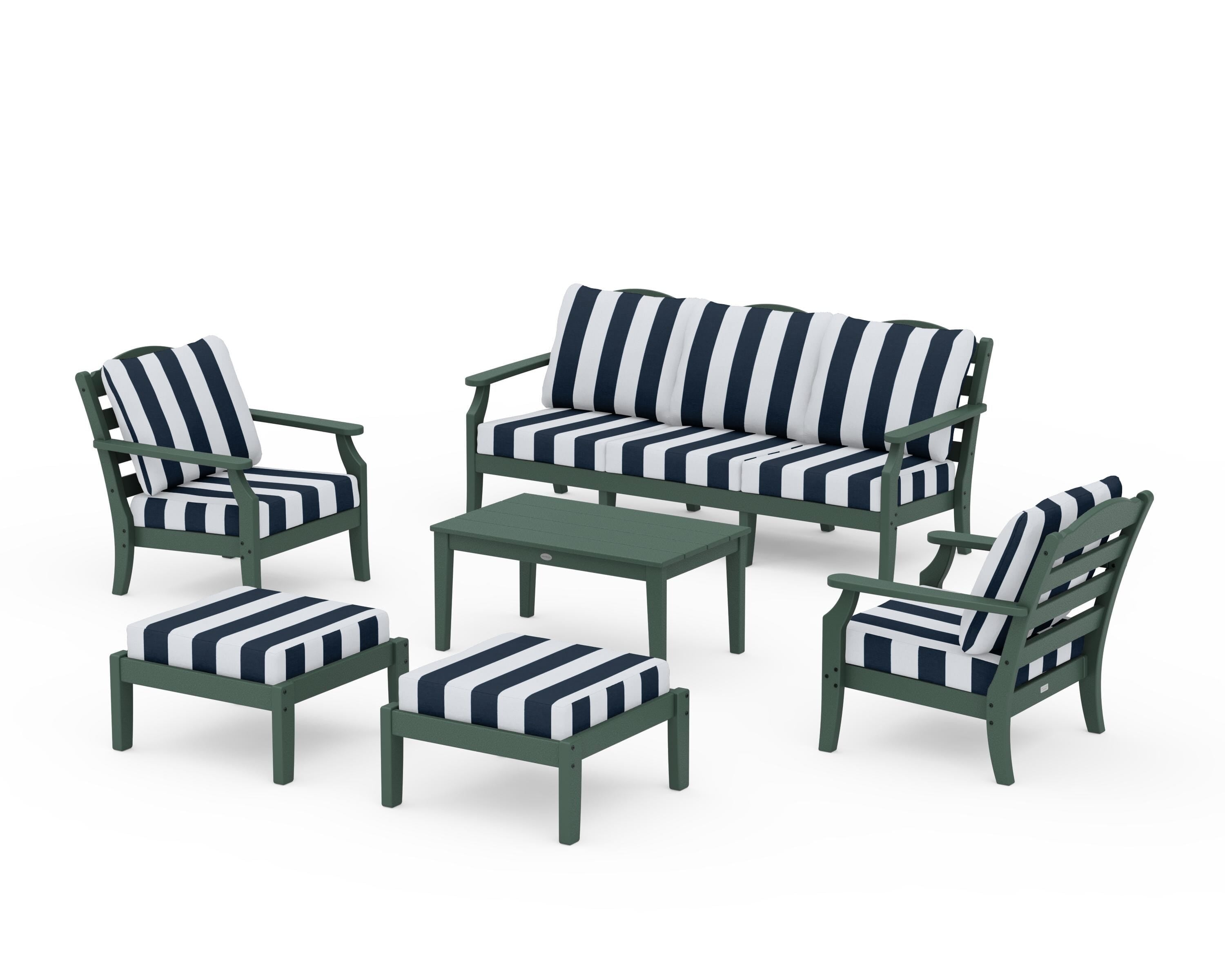 Draper James™ by POLYWOOD® Savannah 6-Piece Lounge Sofa Set in Green / Cabana Stripe Marine Indigo
