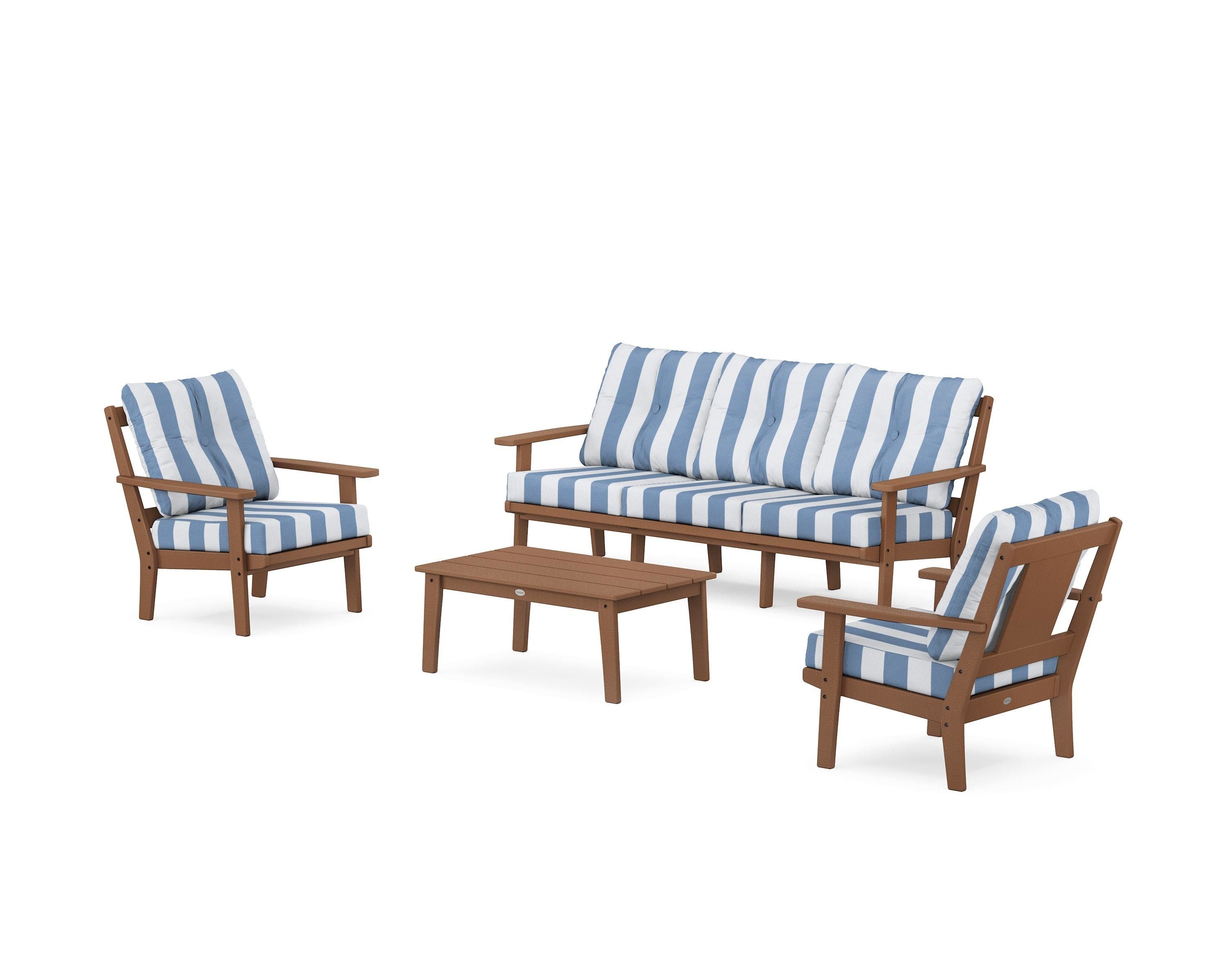 POLYWOOD® Prairie 4-Piece Deep Seating Set with Sofa in Teak / Cabana Stripe Sky Blue