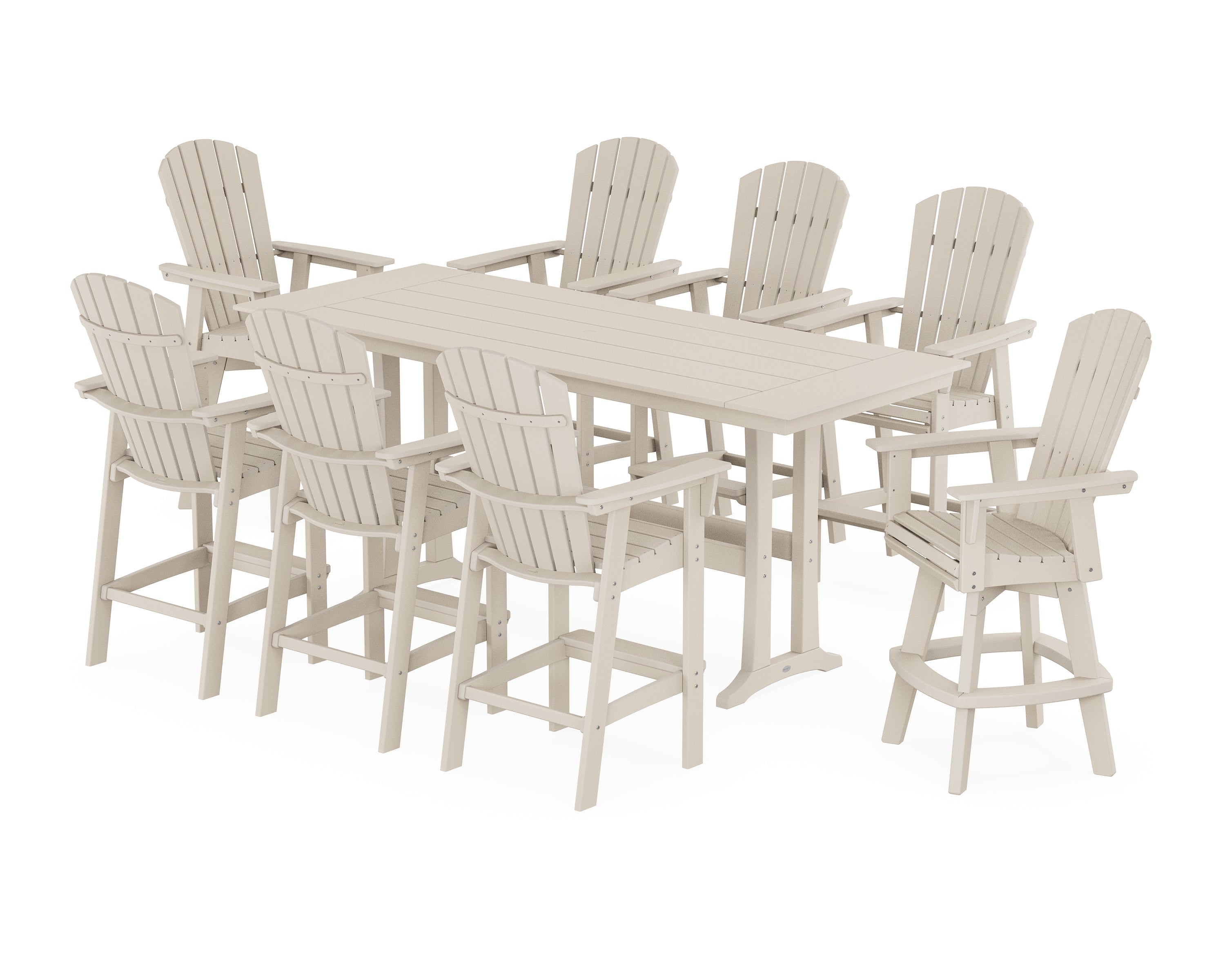 POLYWOOD® Nautical Curveback Adirondack Swivel Chair 9-Piece Farmhouse Bar Set with Trestle Legs in Sand