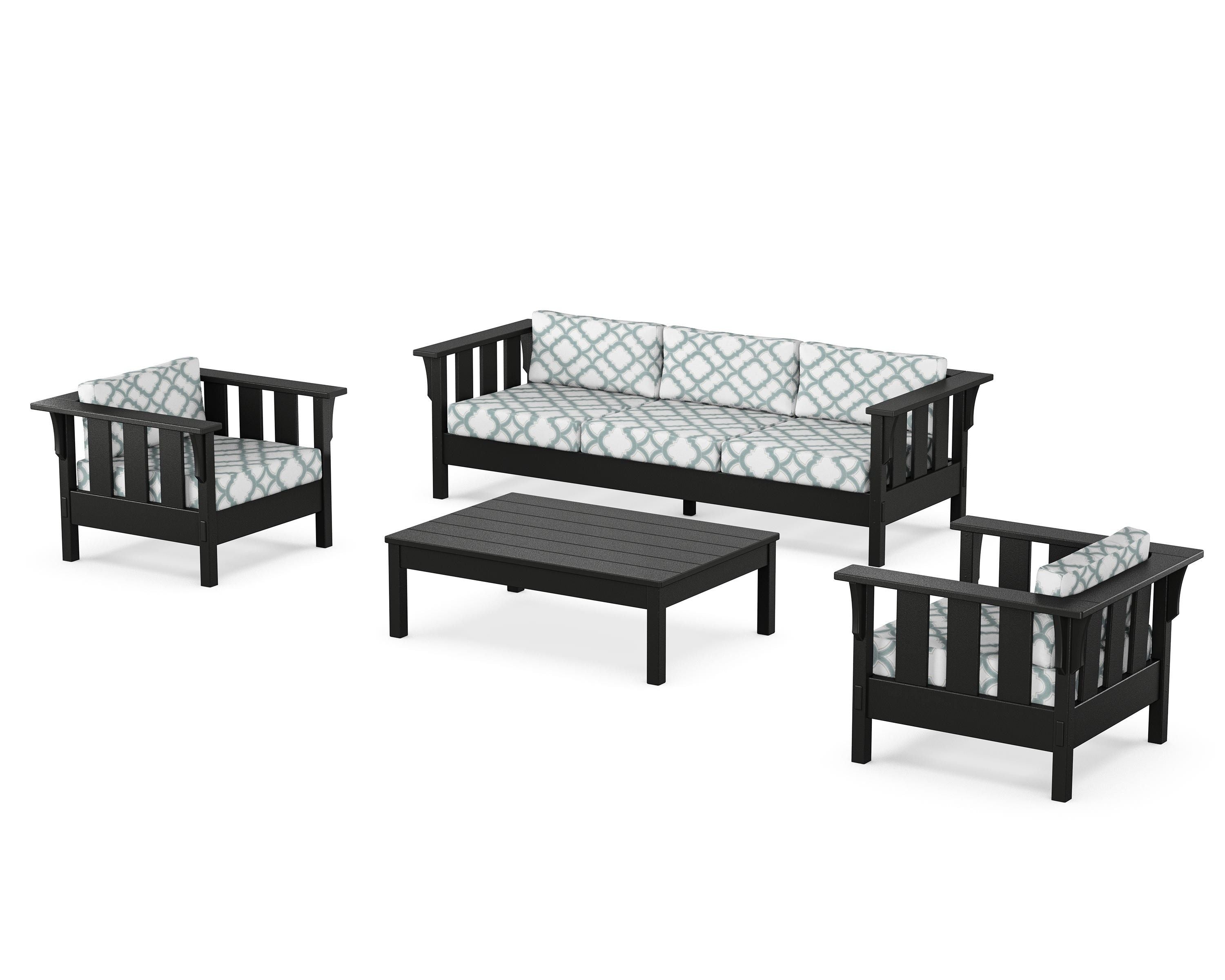 Martha Stewart by POLYWOOD® Acadia 4-Piece Deep Seating Set with Sofa in Black / Trellis Glacier Spa