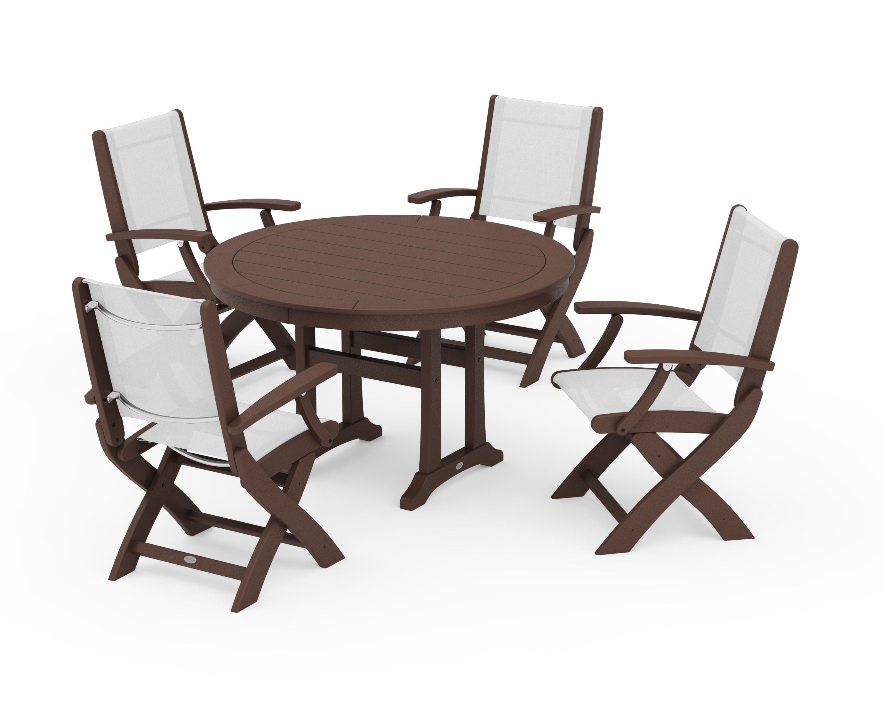 POLYWOOD® Coastal Folding Chair 5-Piece Round Dining Set with Trestle Legs in Mahogany / White Sling