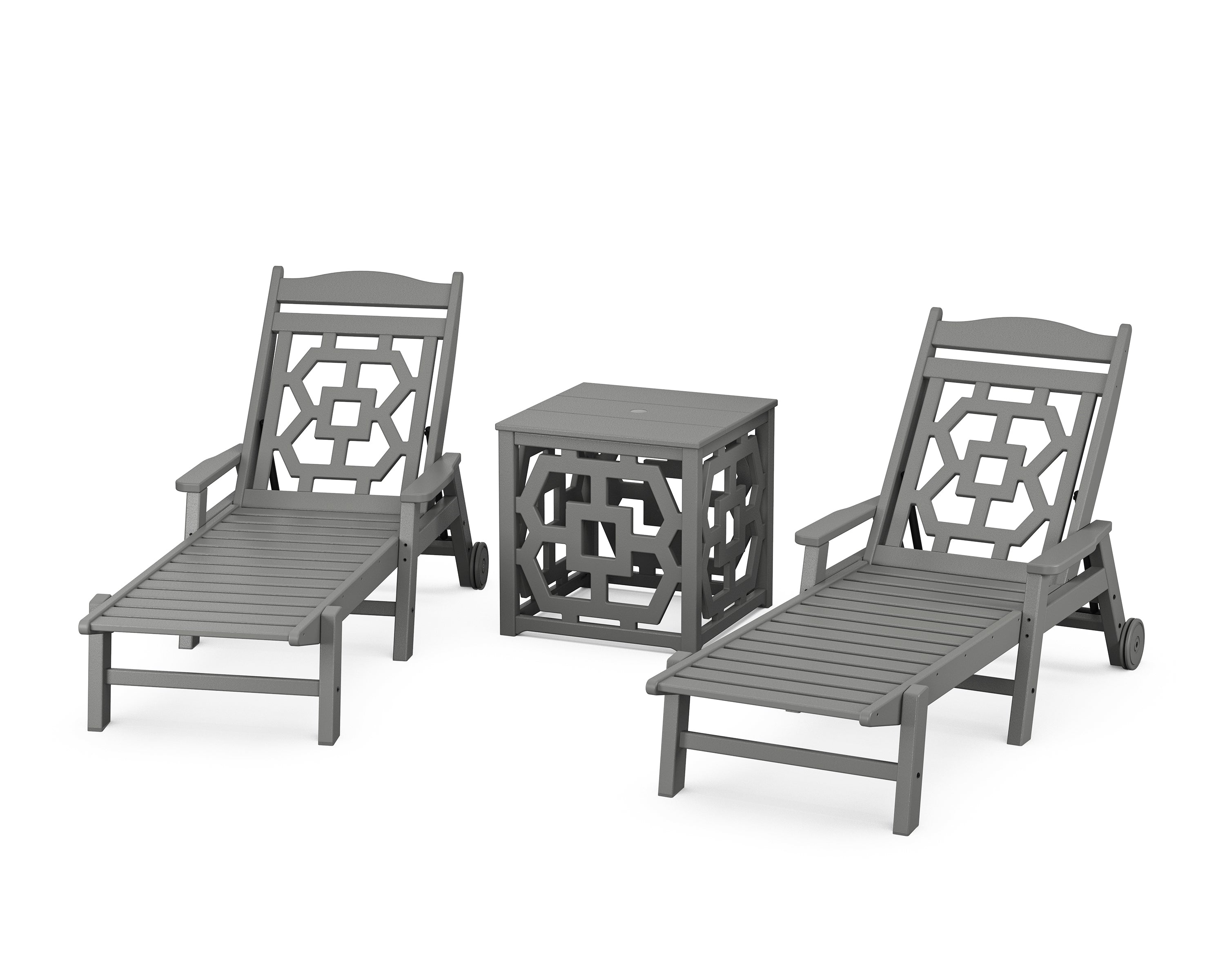Martha Stewart by POLYWOOD® Chinoiserie 3-Piece Chaise Set with Umbrella Stand Accent Table in Slate Grey