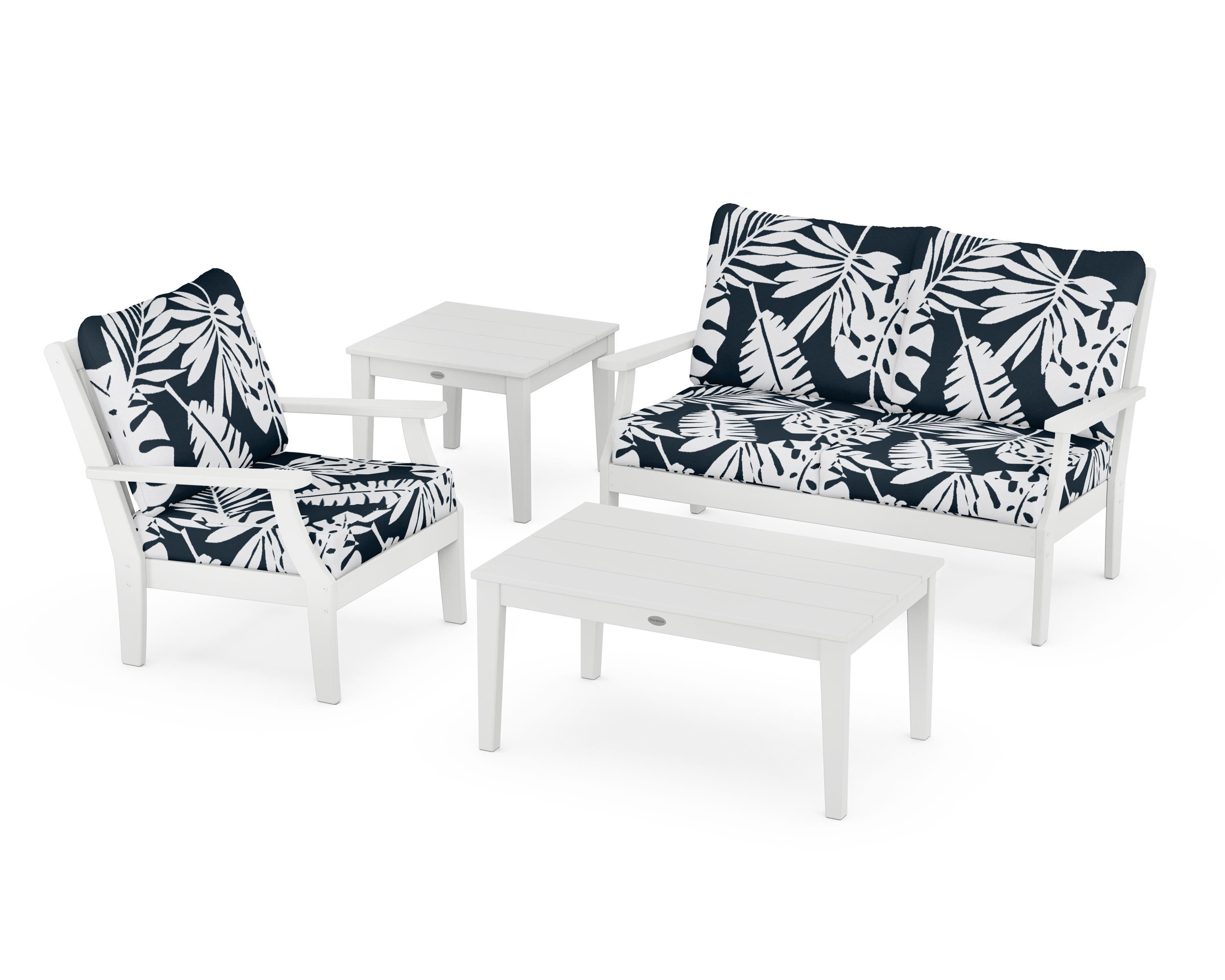 POLYWOOD® Braxton 4-Piece Deep Seating Set in White / Leaf Marine Indigo