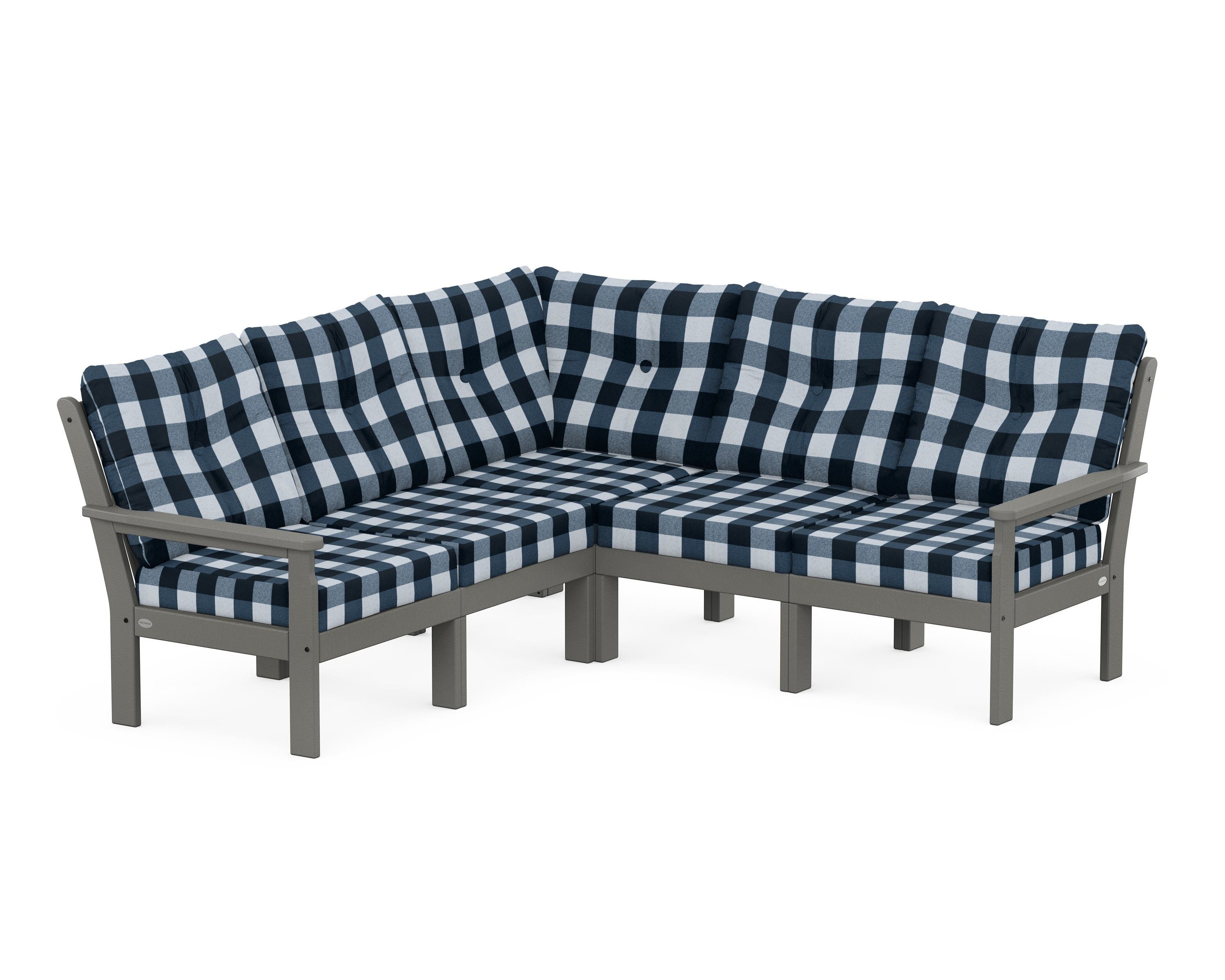 POLYWOOD® Vineyard 5-Piece Sectional in Slate Grey / Buffalo Plaid Marine Indigo