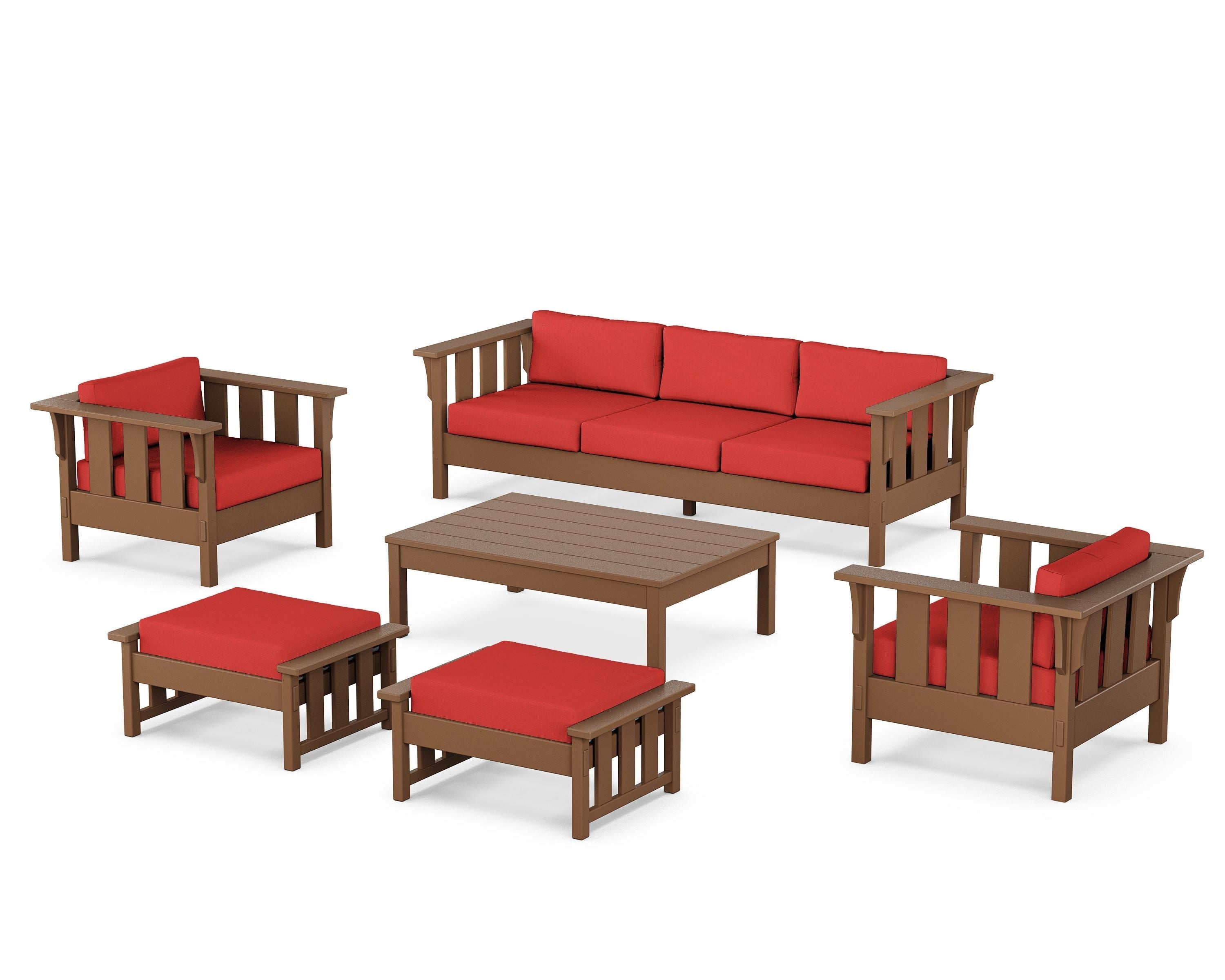 Martha Stewart by POLYWOOD® Acadia 6-Piece Lounge Sofa Set in Teak / Crimson Linen