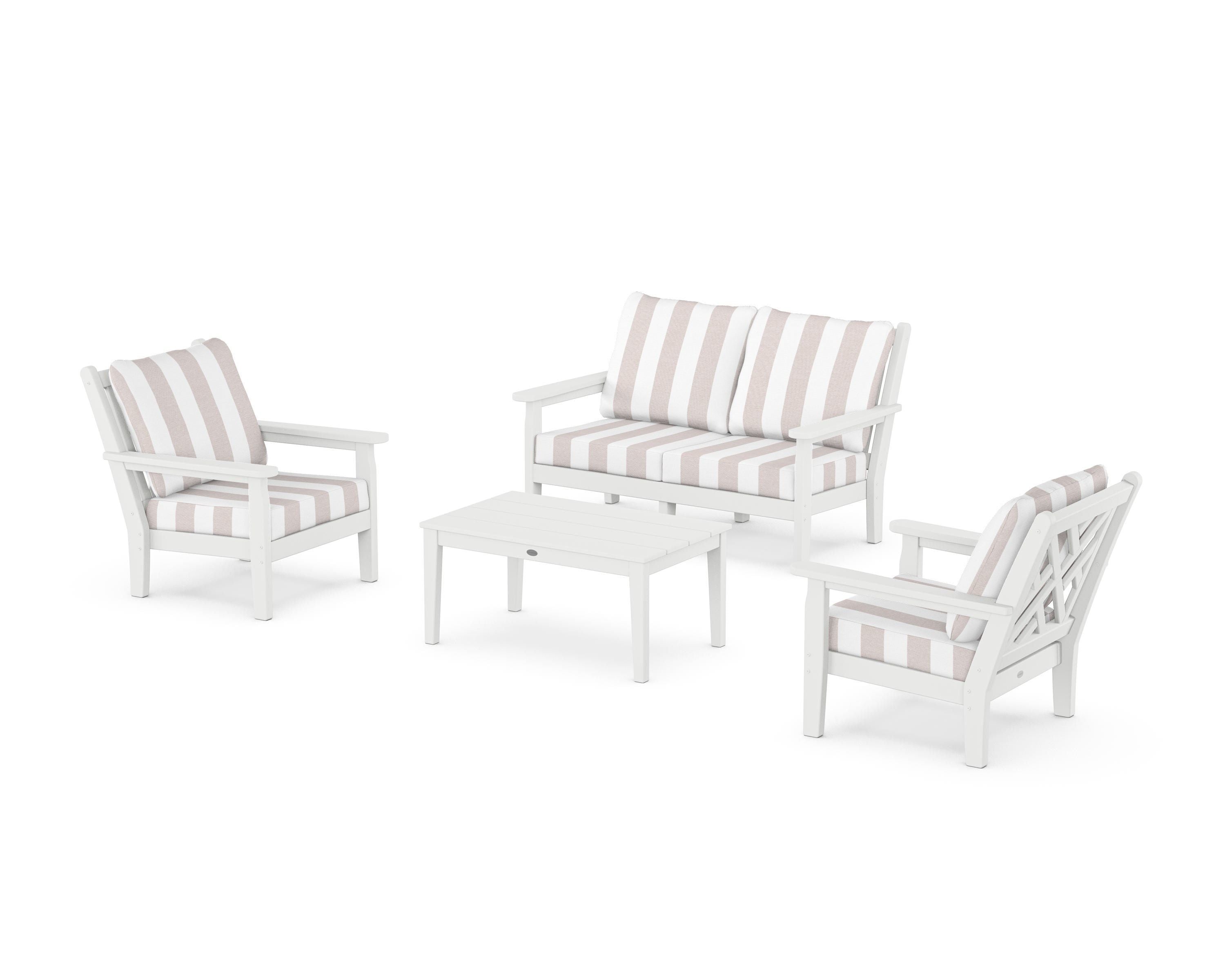 POLYWOOD® Chippendale 4-Piece Deep Seating Set with Loveseat in White / Cabana Stripe Dune Burlap
