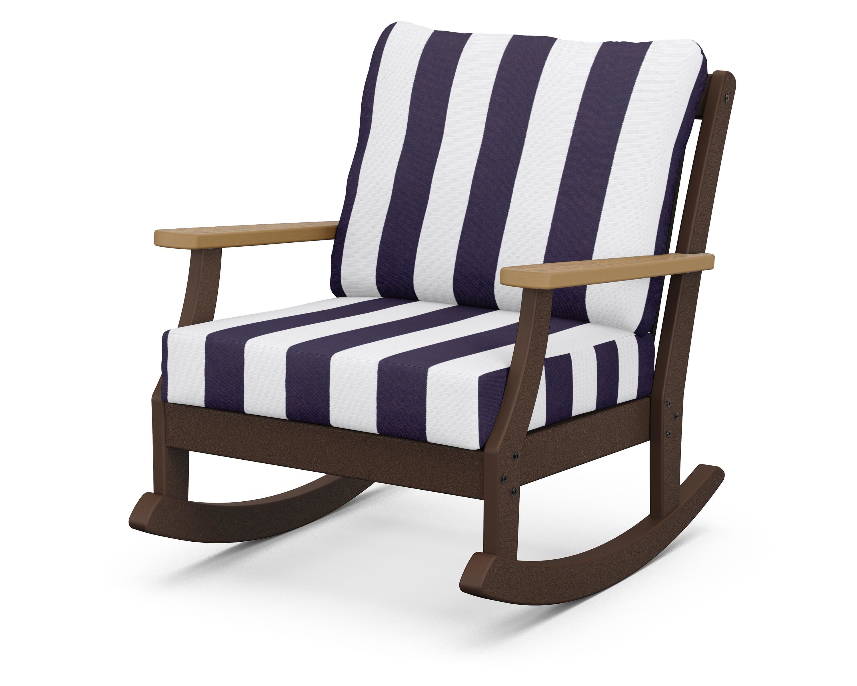 POLYWOOD® Braxton Deep Seating Rocking Chair in Mahogany / Natural / Cabana Stripe Navy