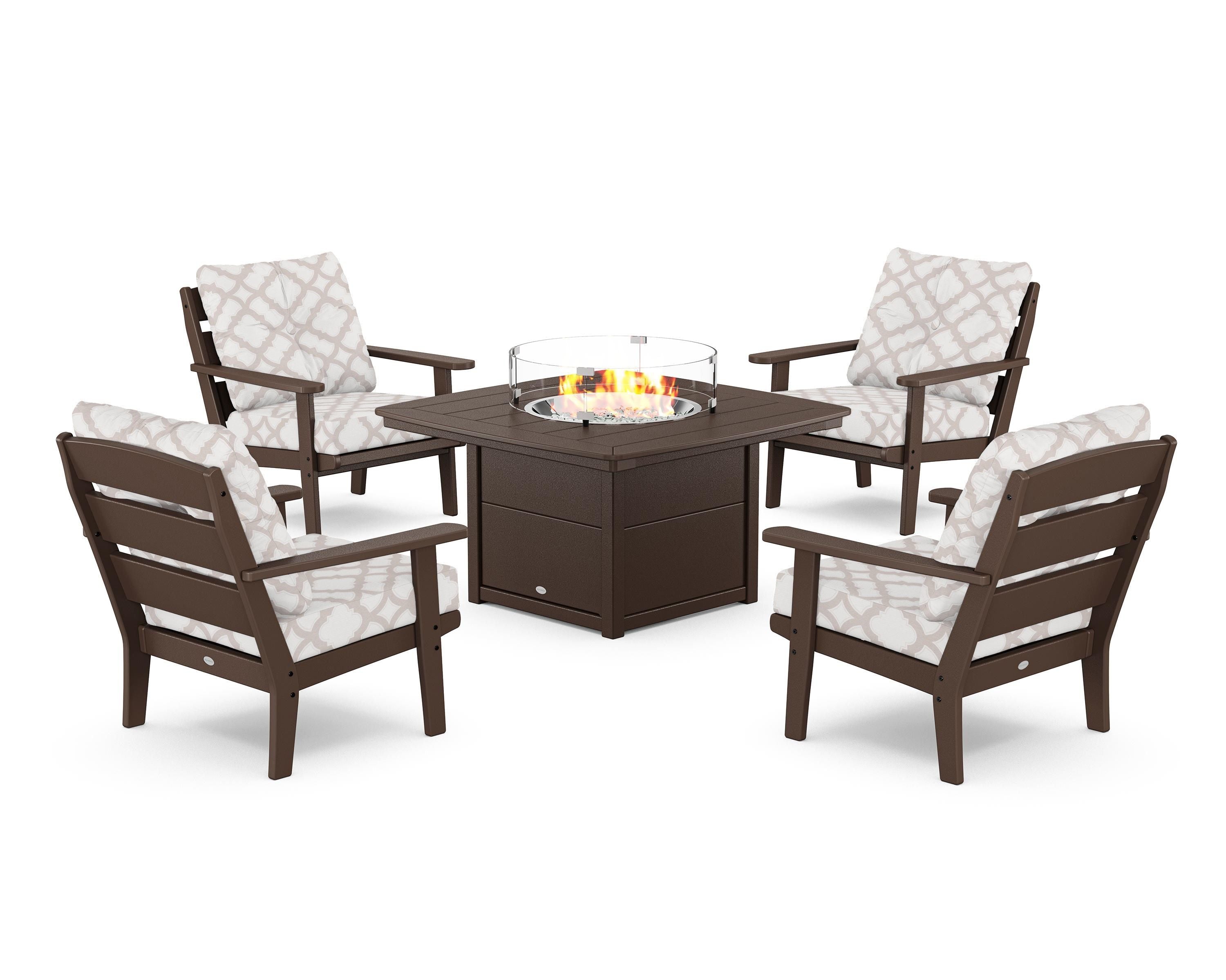 POLYWOOD® Lakeside 5-Piece Deep Seating Set with Nautical Fire Pit Table in Mahogany / Trellis Dune Burlap