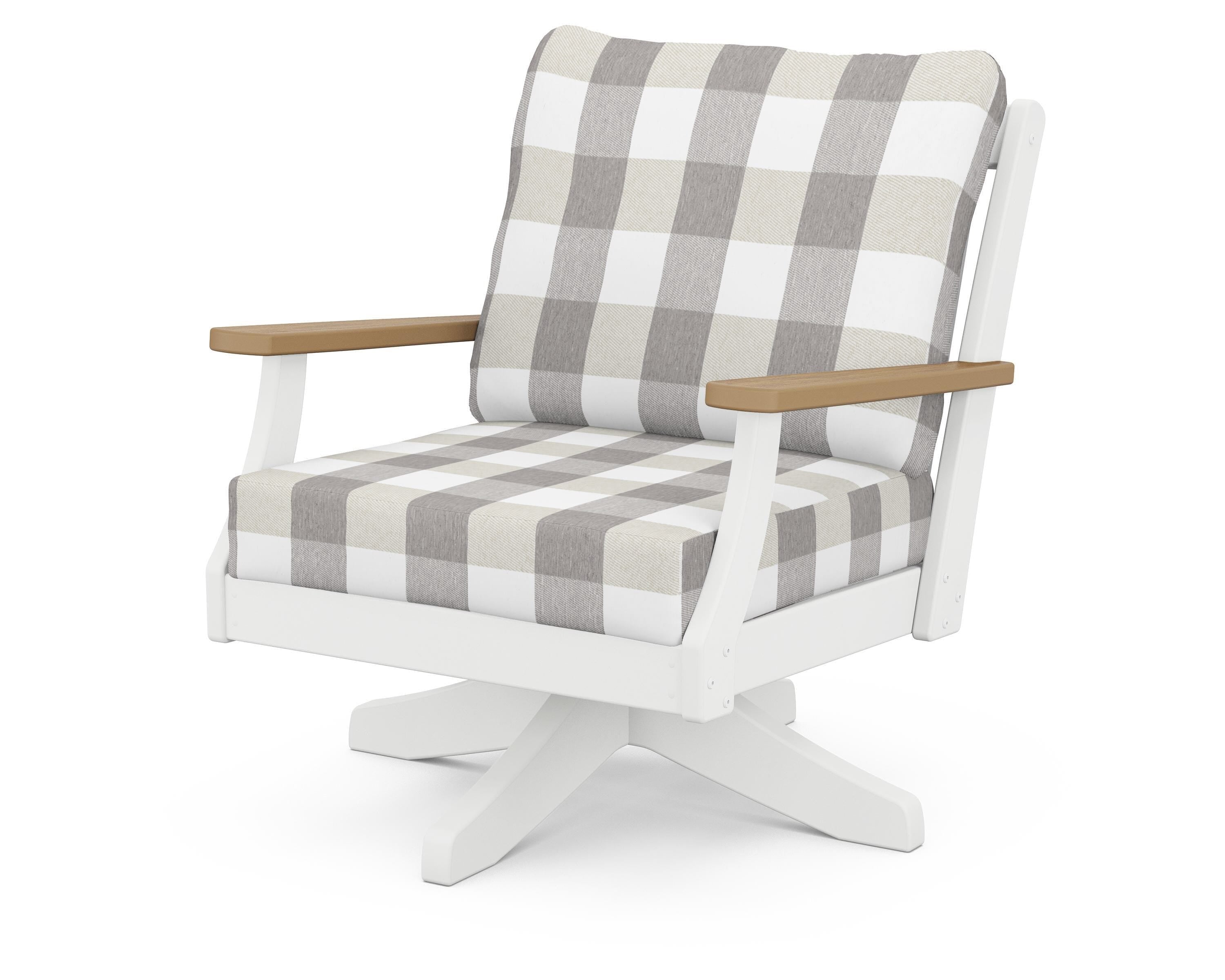 POLYWOOD® Braxton Deep Seating Swivel Chair in White / Natural / Buffalo Plaid Grey Mist
