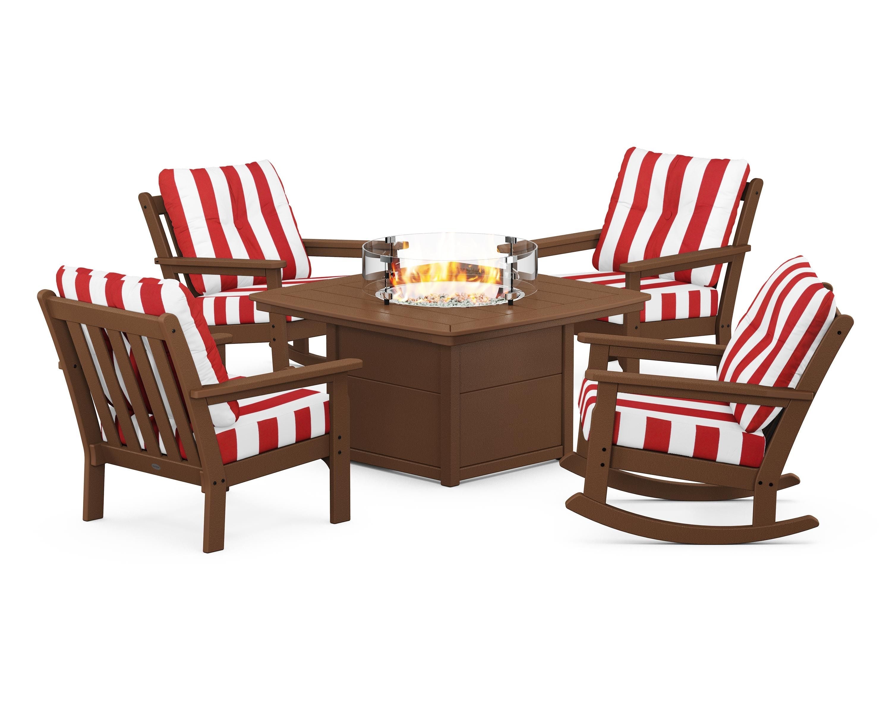 POLYWOOD® Vineyard 5-Piece Deep Seating Rocking Chair Conversation Set with Fire Pit Table in Teak / Cabana Stripe Crimson