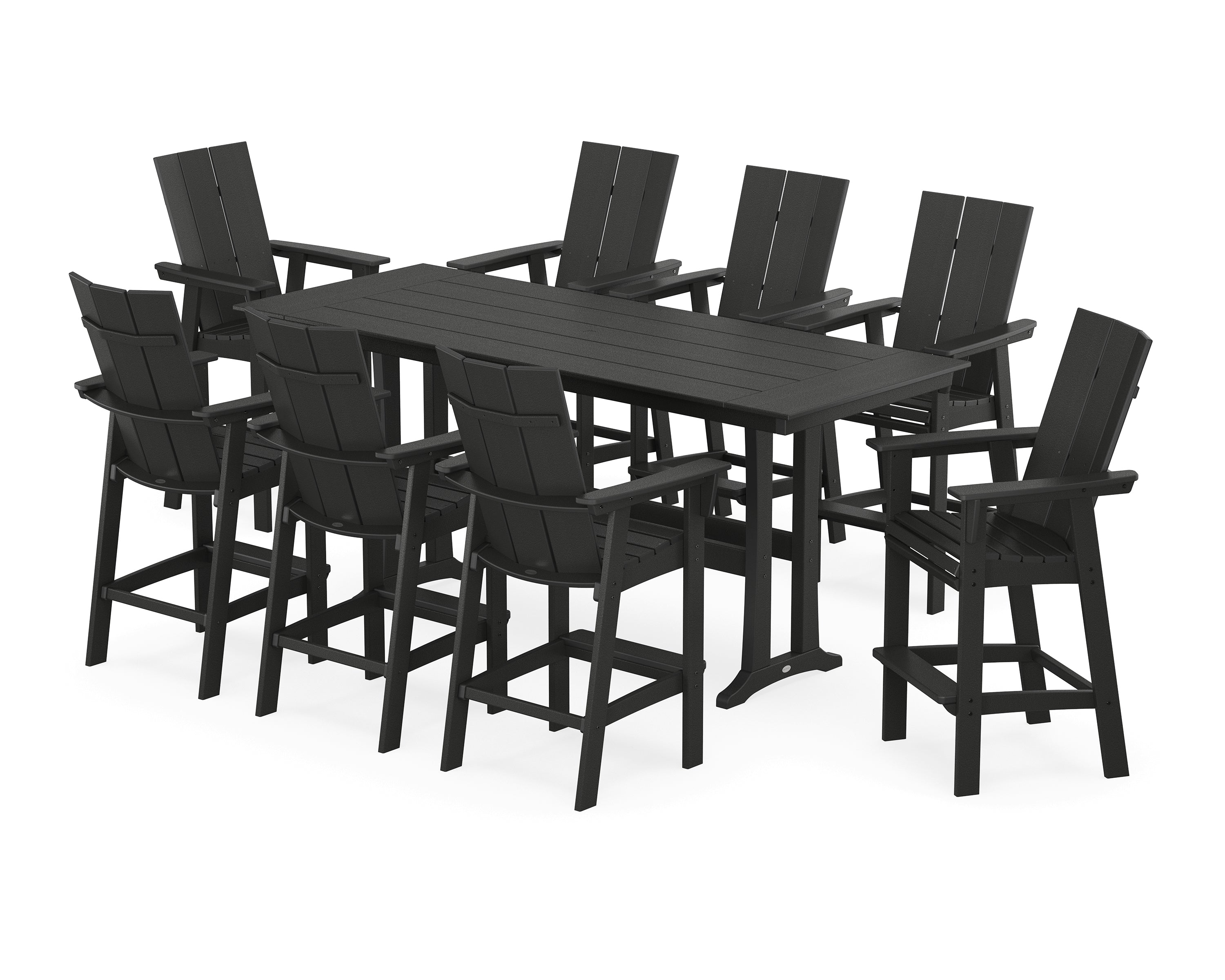 POLYWOOD® Modern Curveback Adirondack 9-Piece Farmhouse Bar Set with Trestle Legs in Black