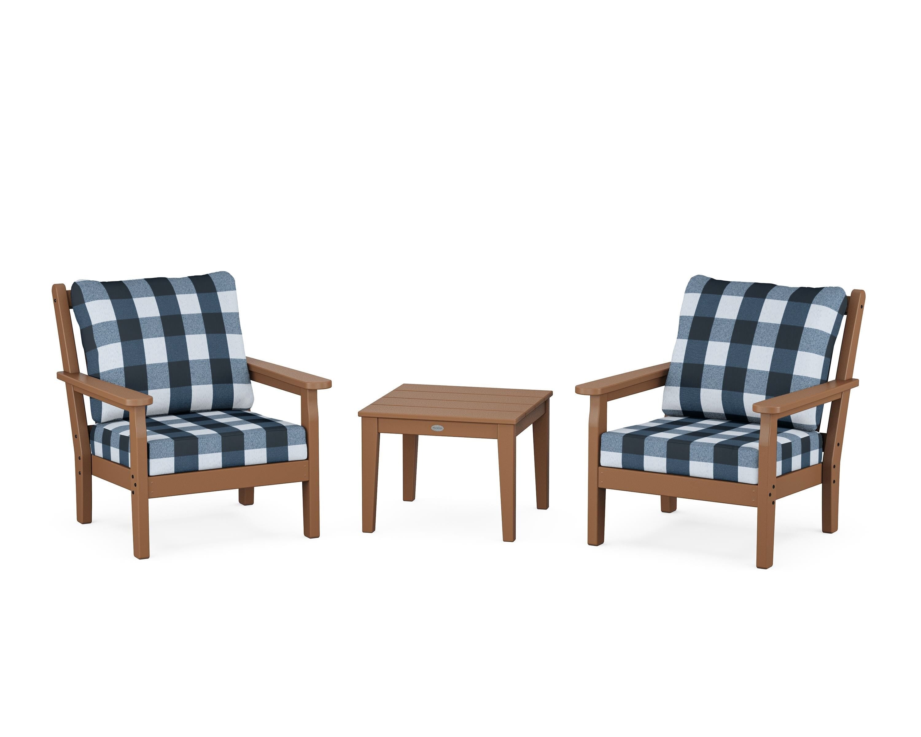 POLYWOOD® Chippendale 3-Piece Deep Seating Set in Teak / Buffalo Plaid Marine Indigo