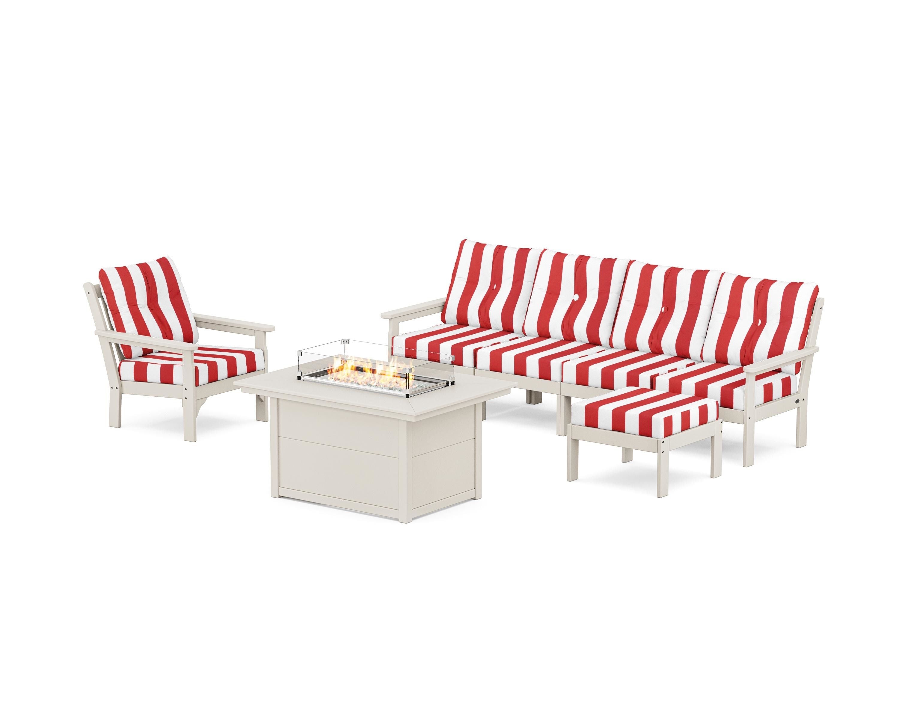 POLYWOOD® Vineyard Sectional Lounge and Fire Pit Set in Sand / Cabana Stripe Crimson