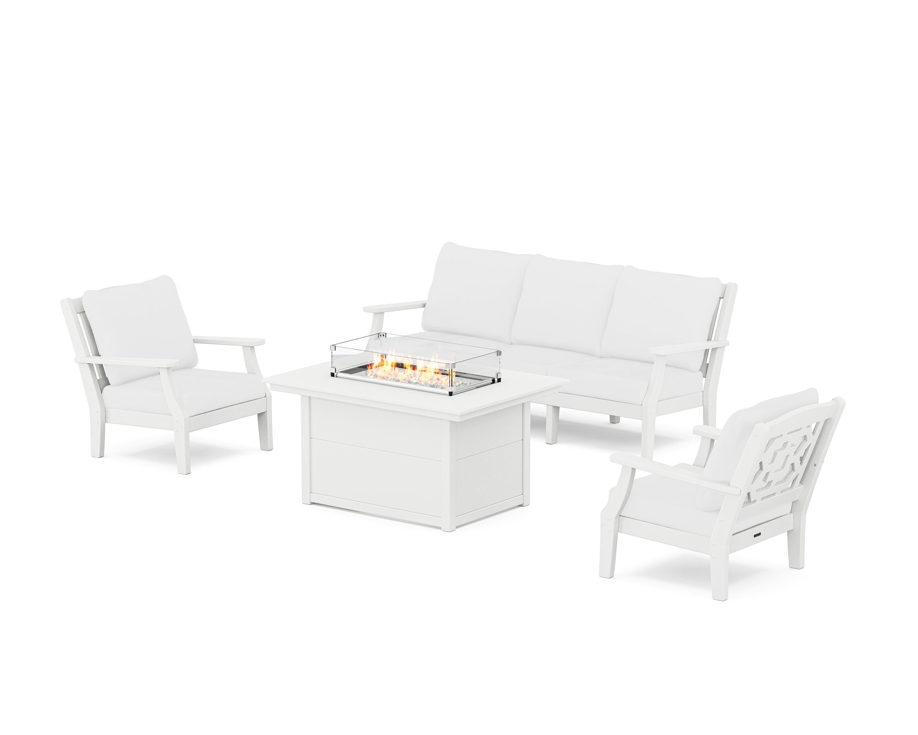 Martha Stewart by POLYWOOD® Chinoiserie Deep Seating Fire Pit Table Set in White / Natural