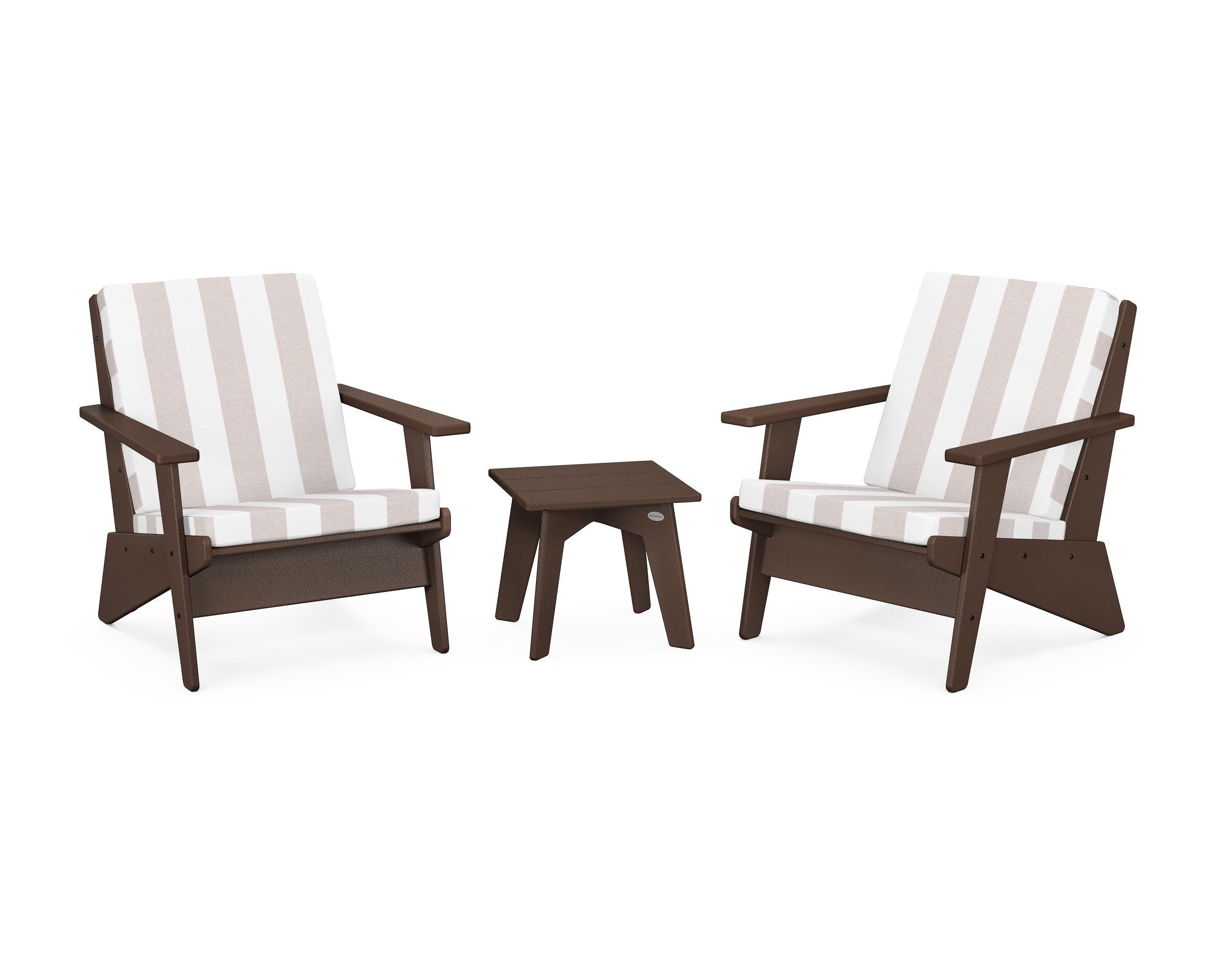 POLYWOOD® Riviera Modern Lounge 3-Piece Set in Mahogany / Cabana Stripe Dune Burlap