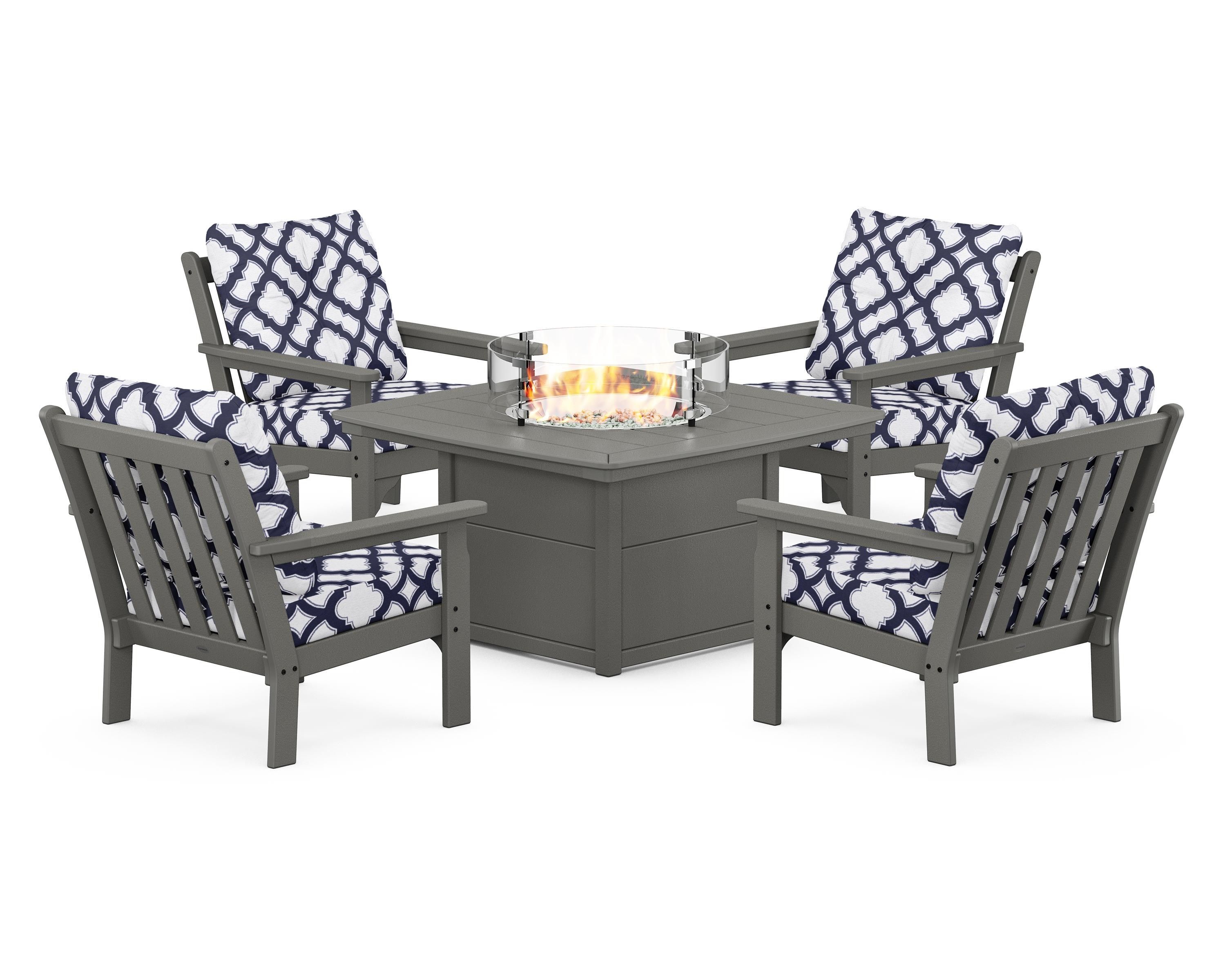 POLYWOOD® Vineyard 5-Piece Conversation Set with Fire Pit Table in Slate Grey / Trellis Navy