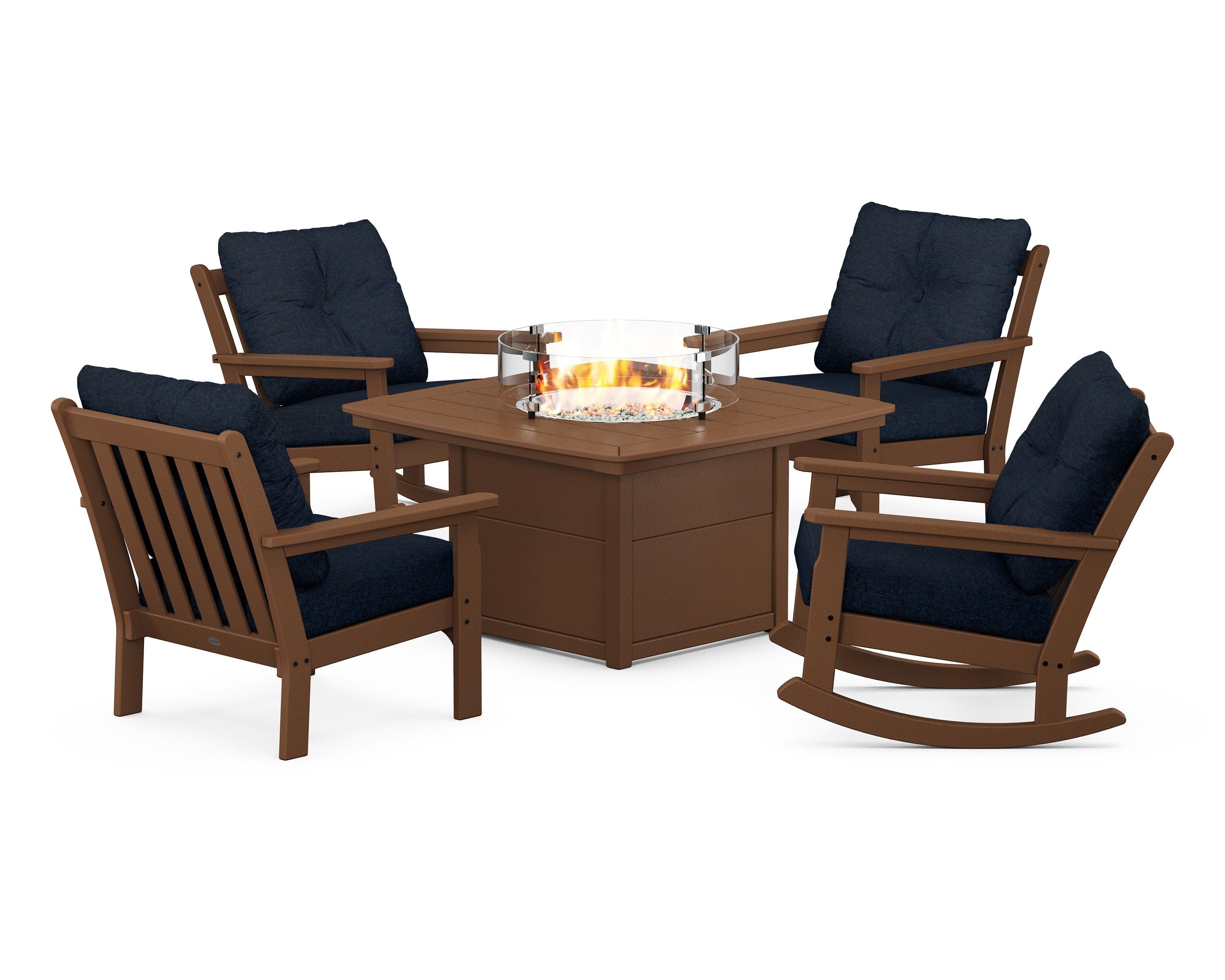 POLYWOOD® Vineyard 5-Piece Deep Seating Rocking Chair Conversation Set with Fire Pit Table in Teak / Marine Indigo