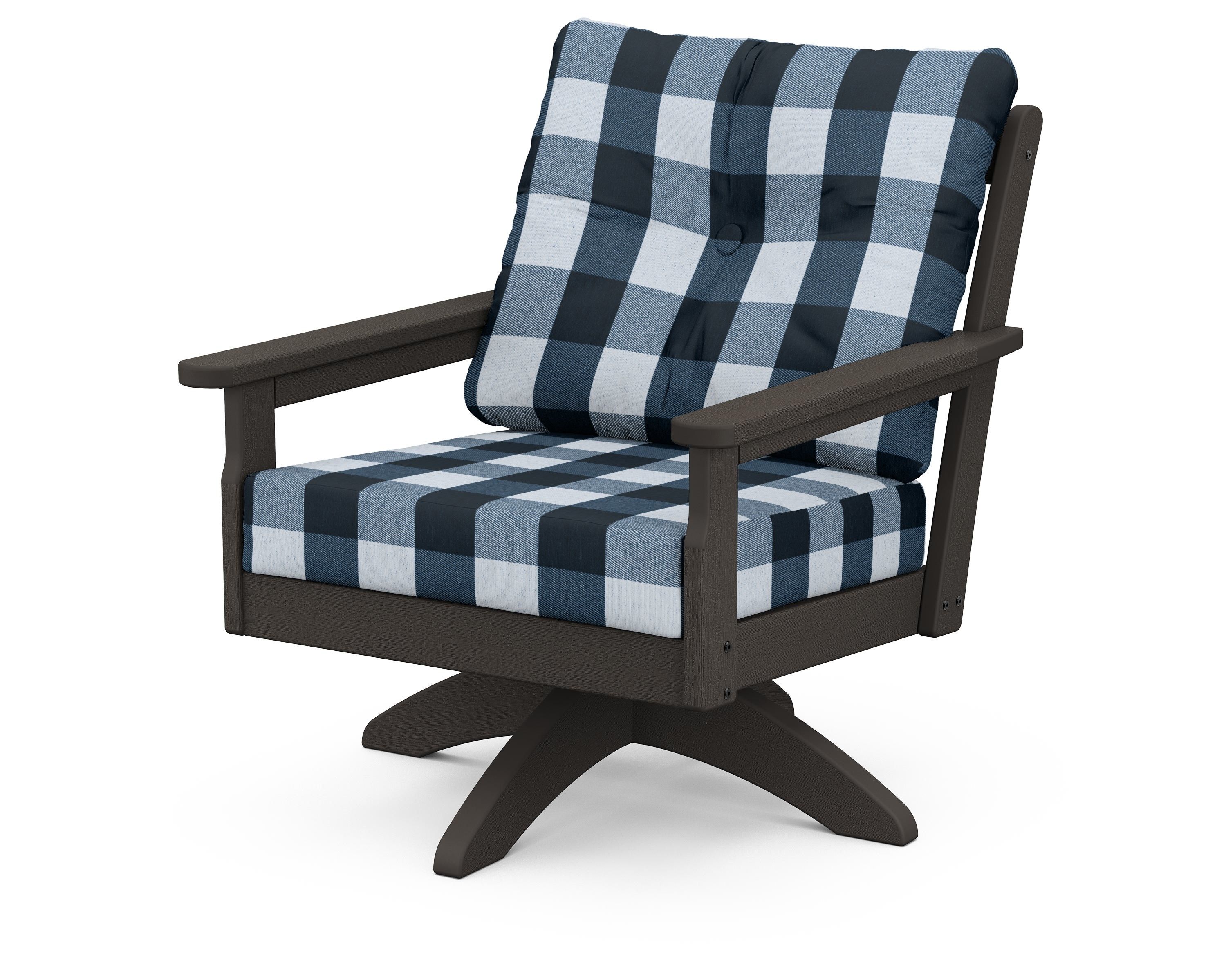 POLYWOOD® Vineyard Deep Seating Swivel Chair in Vintage Coffee / Buffalo Plaid Marine Indigo
