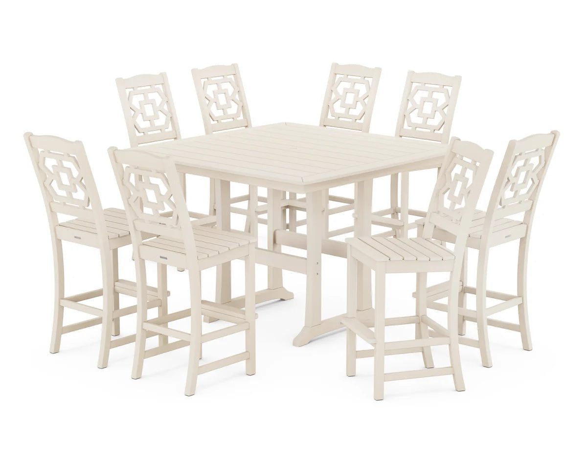 Chinoiserie 9-Piece Square Side Chair Bar Set with Trestle Legs