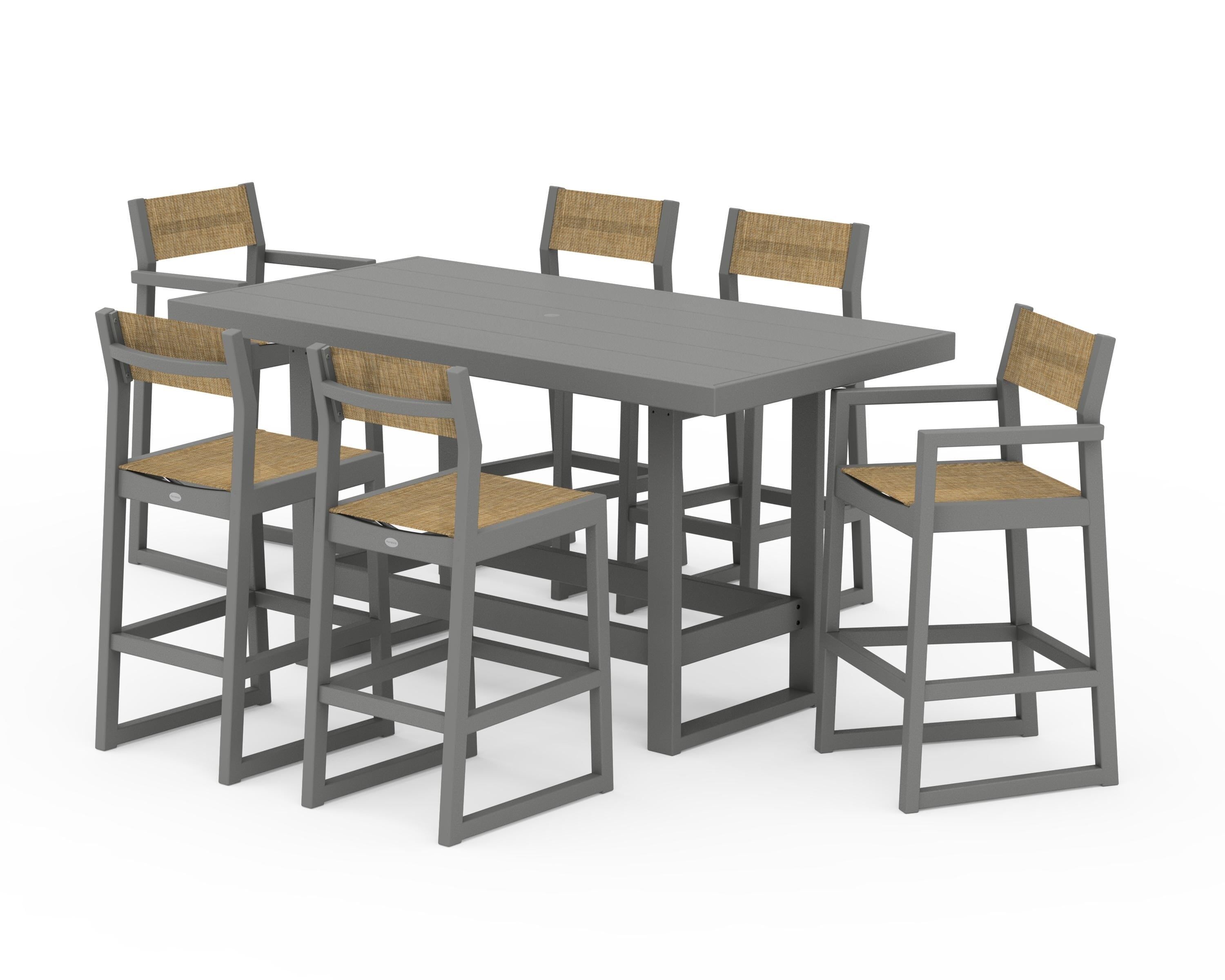 POLYWOOD® EDGE Sling 7-Piece Bar Table Set in Slate Grey / Burlap Sling