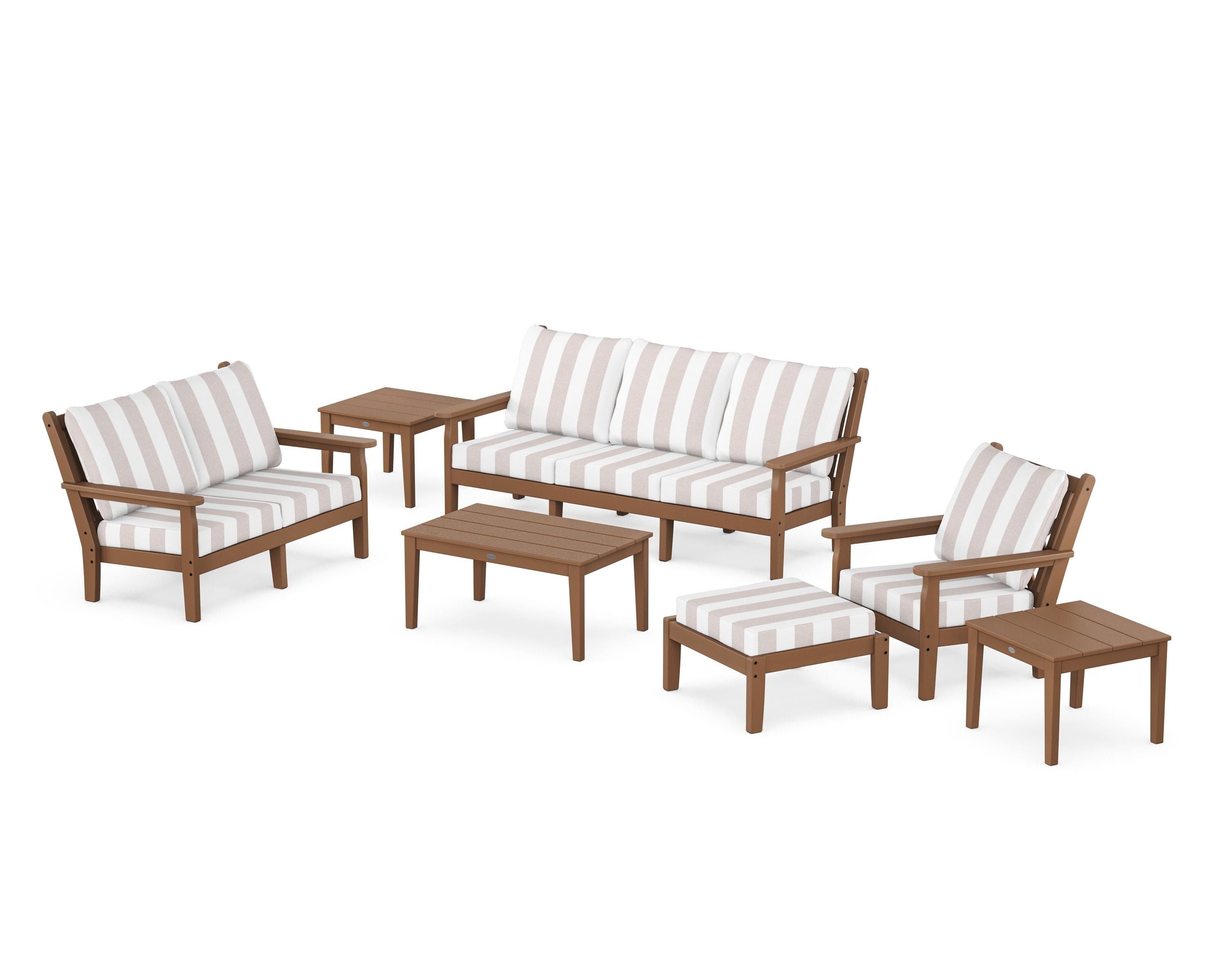 POLYWOOD® Chippendale 7-Piece Deep Seating Set in Teak / Cabana Stripe Dune Burlap