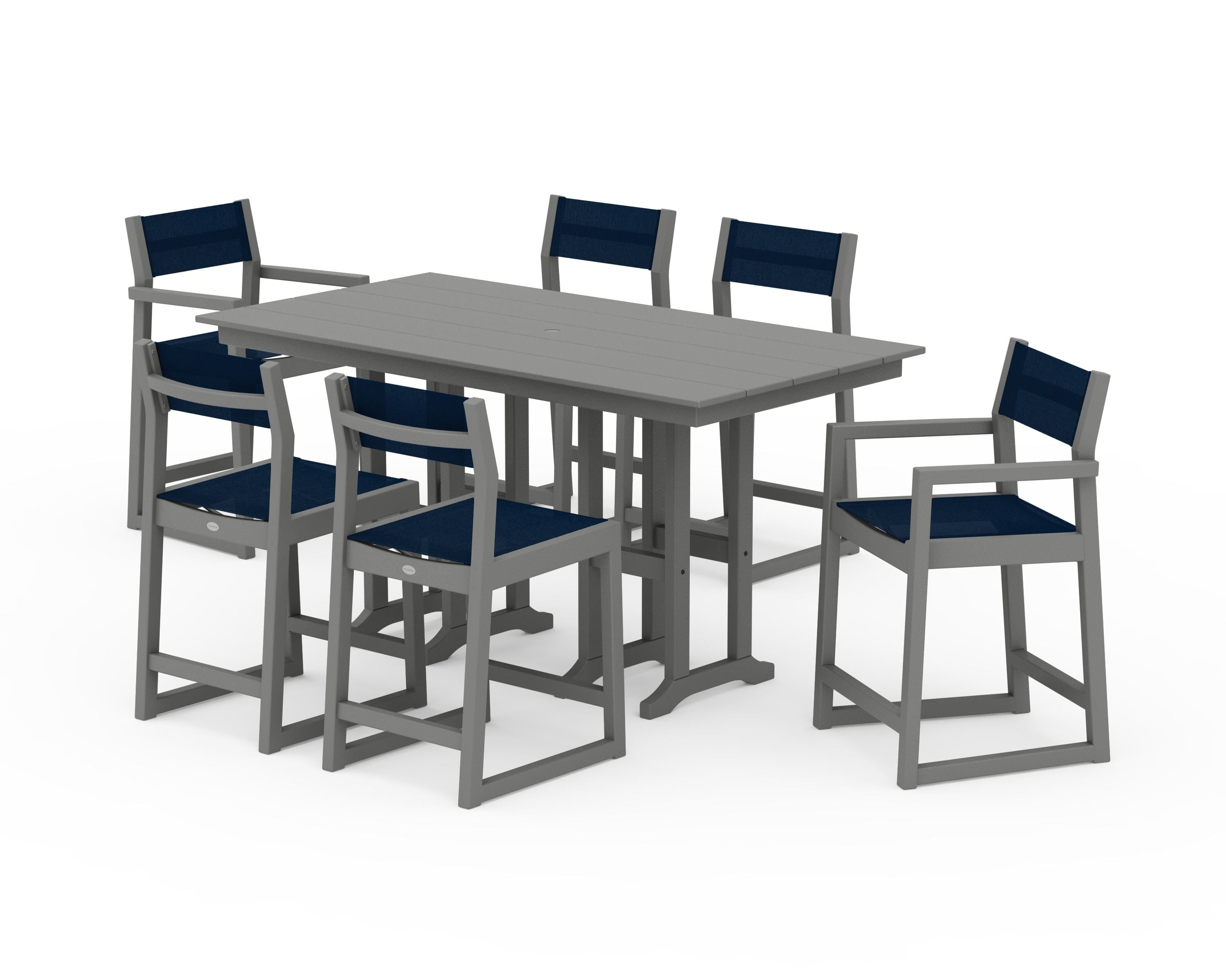 POLYWOOD® EDGE Sling 7-Piece Farmhouse Counter Set in Slate Grey / Navy Blue Sling