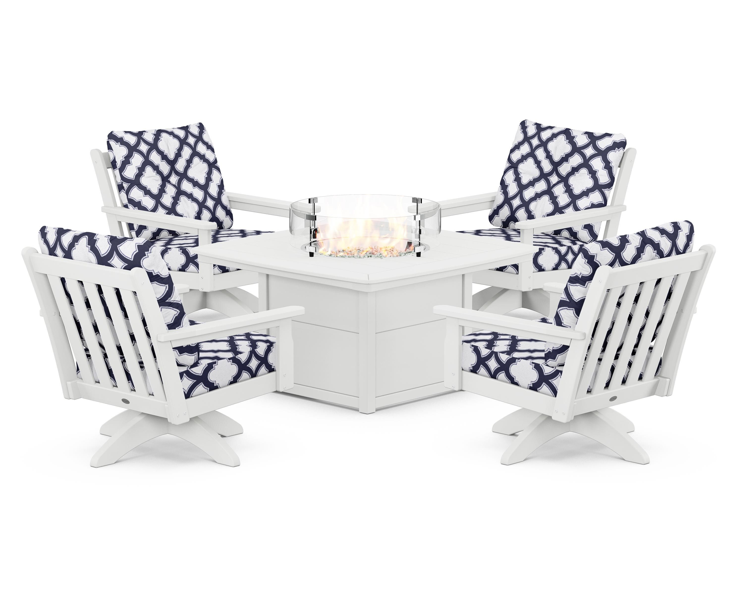 POLYWOOD® Vineyard 5-Piece Deep Seating Swivel Conversation Set with Fire Pit Table in White / Trellis Navy