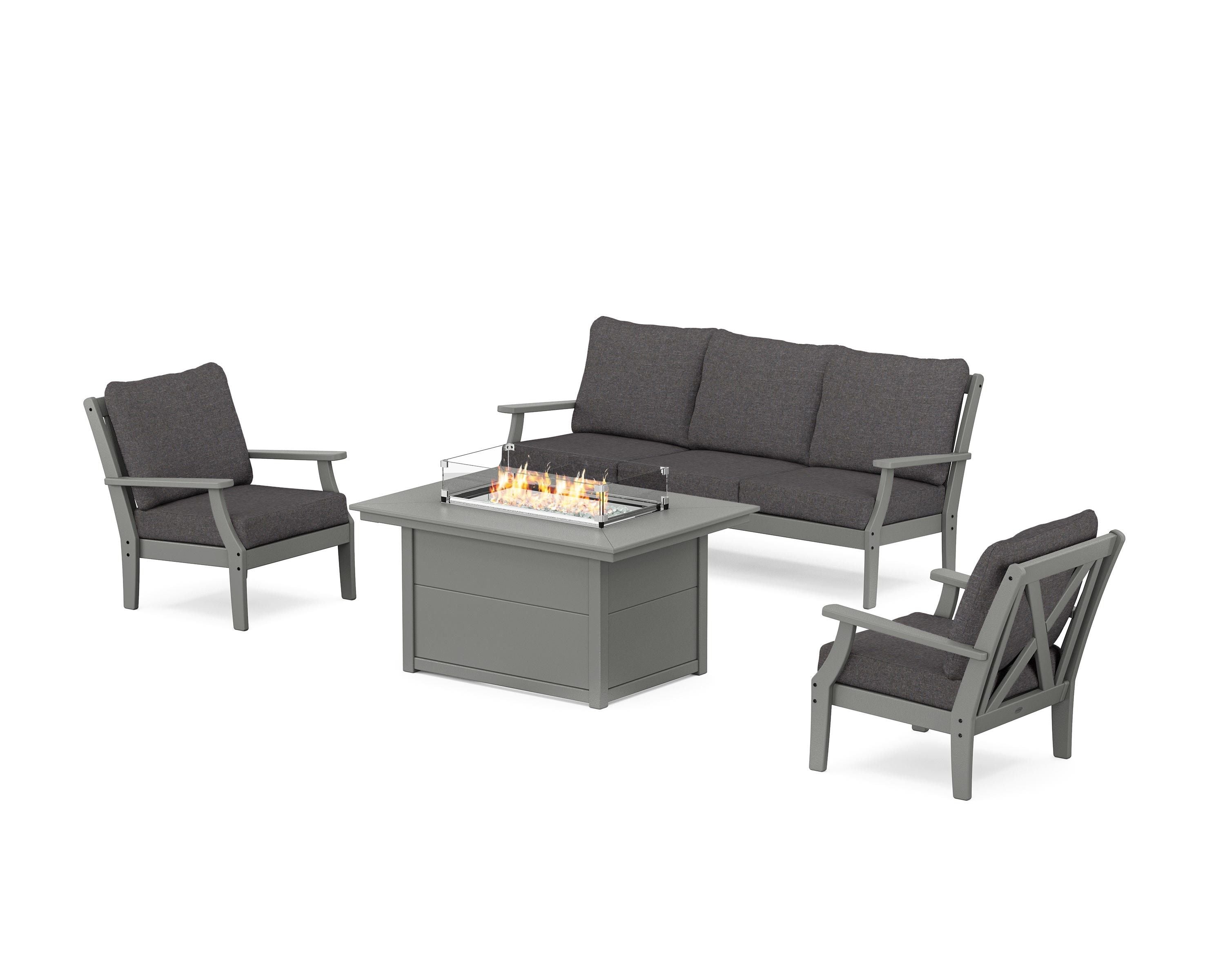 POLYWOOD® Braxton Deep Seating Fire Pit Table Set in Slate Grey / Ash Charcoal