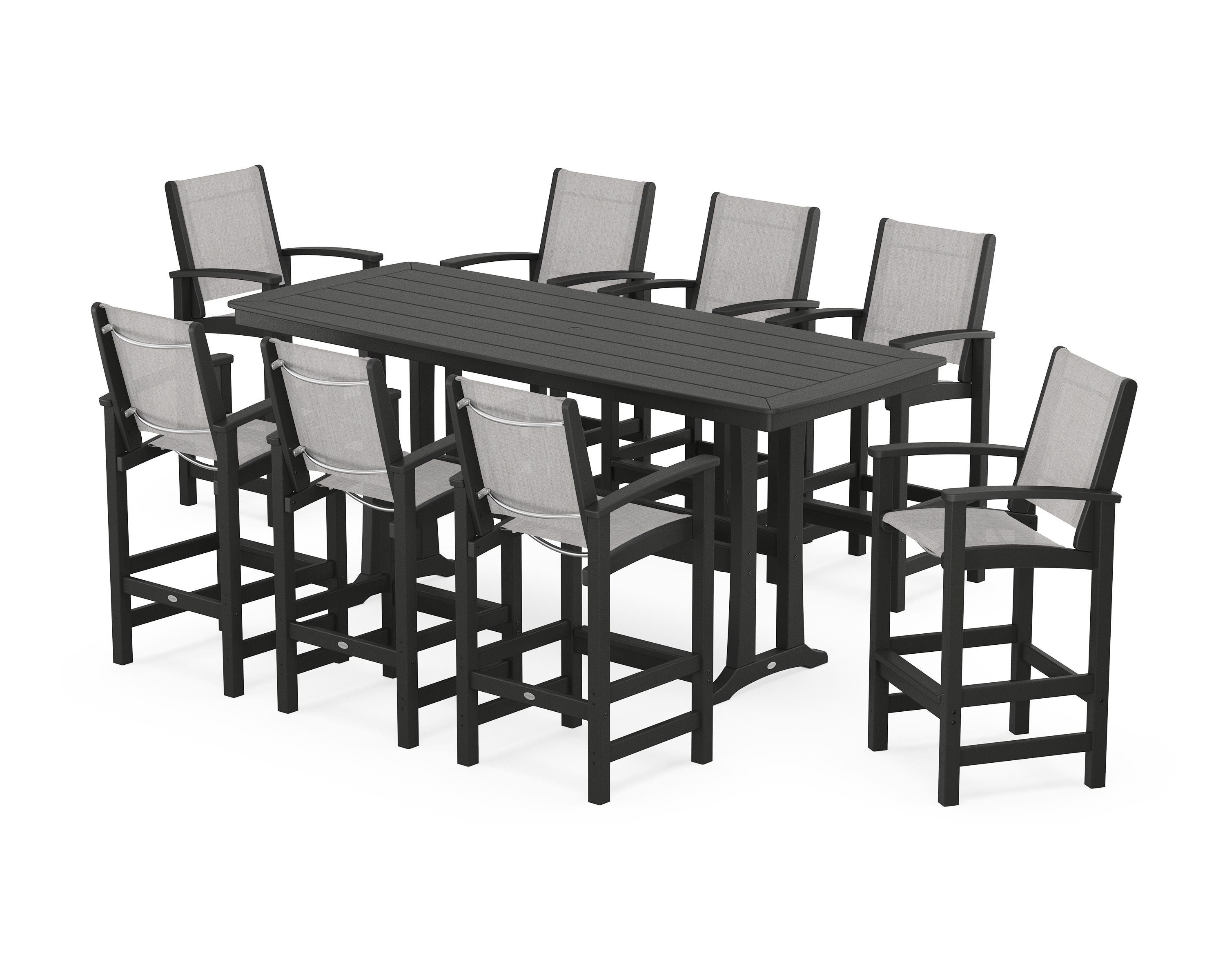 POLYWOOD® Coastal 9-Piece Bar Set with Trestle Legs in Black / Parchment Sling