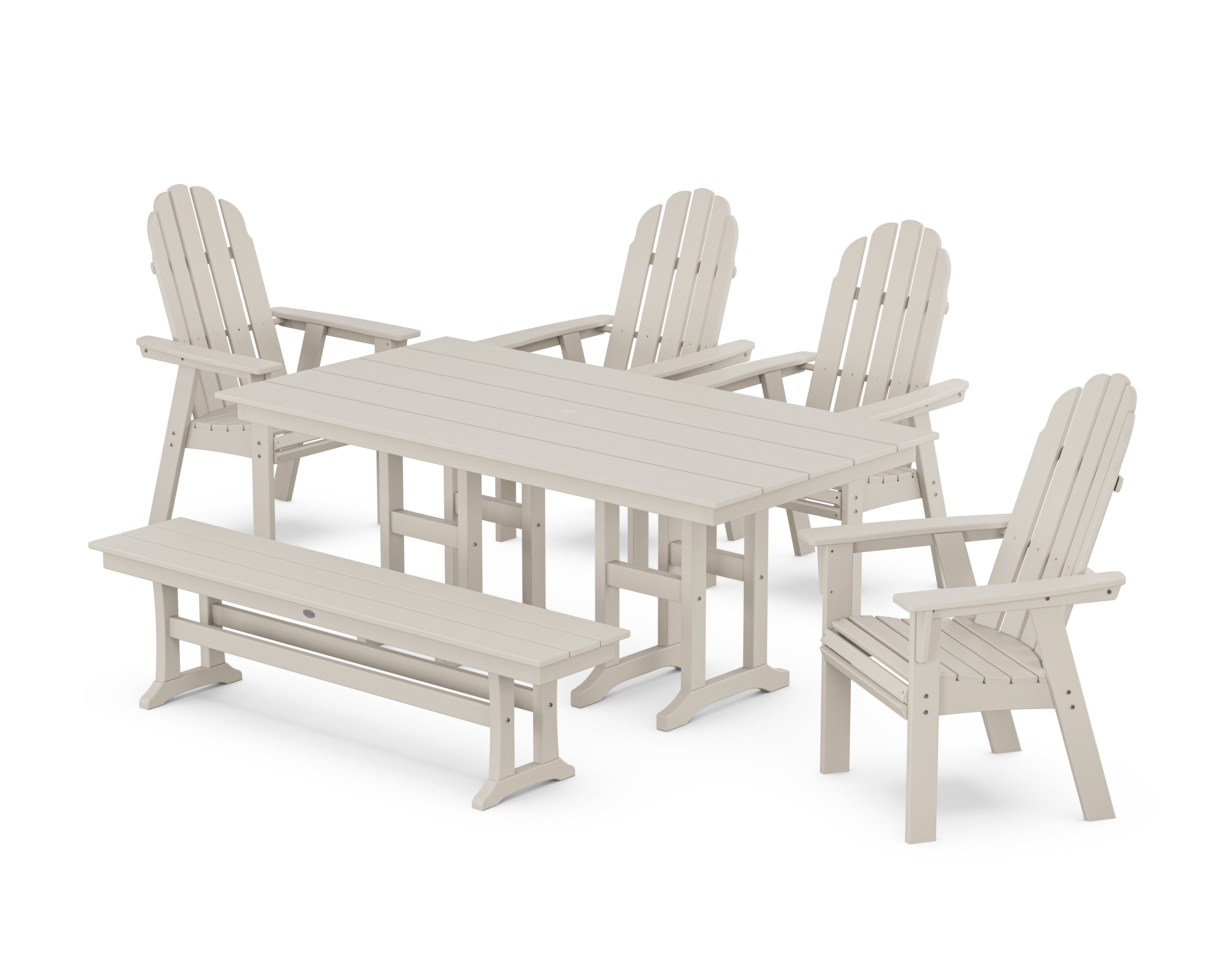 POLYWOOD® Vineyard Curveback Adirondack Chair 6-Piece Farmhouse Dining Set with Bench in Sand