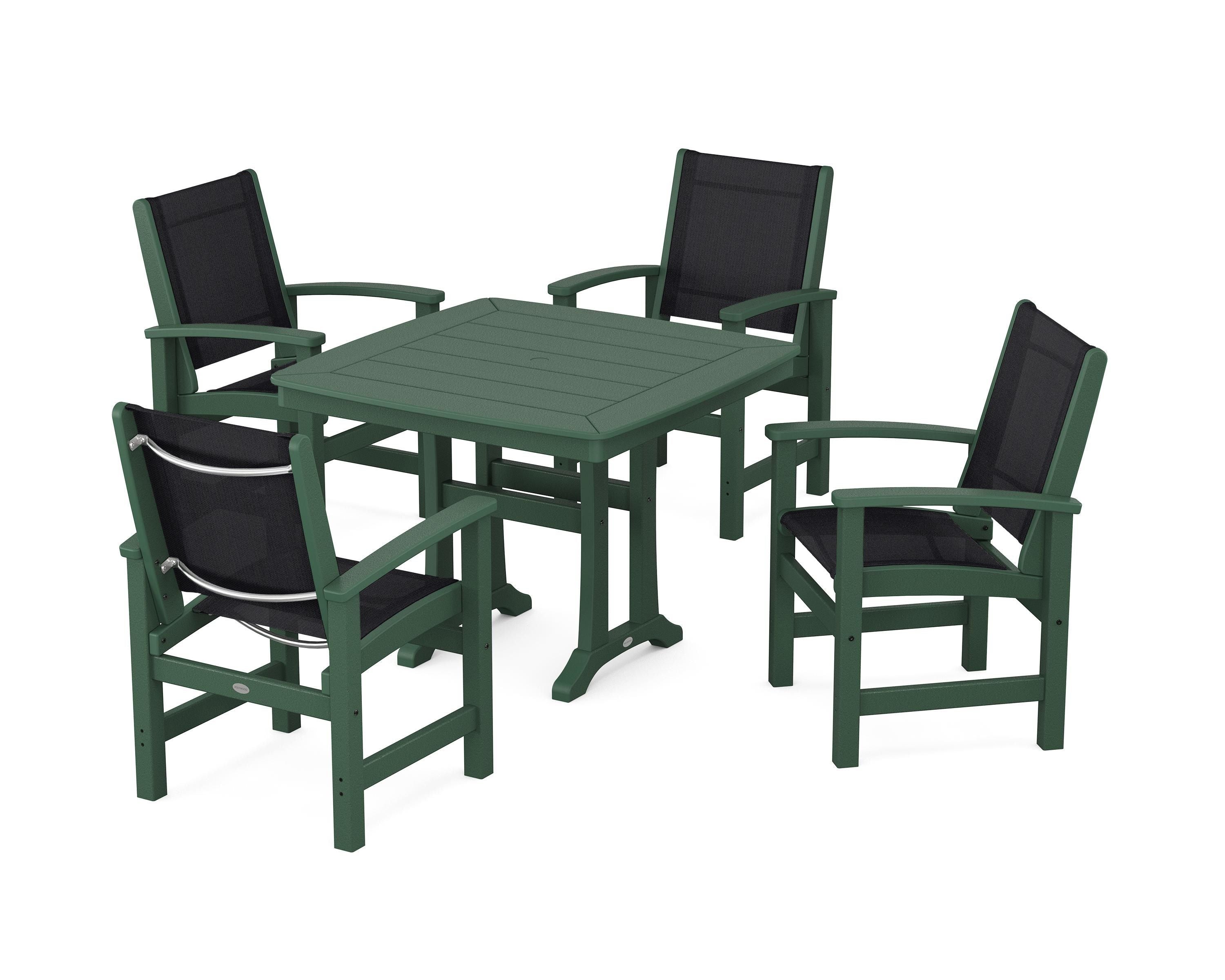 POLYWOOD® Coastal 5-Piece Dining Set with Trestle Legs in Green / Black Sling
