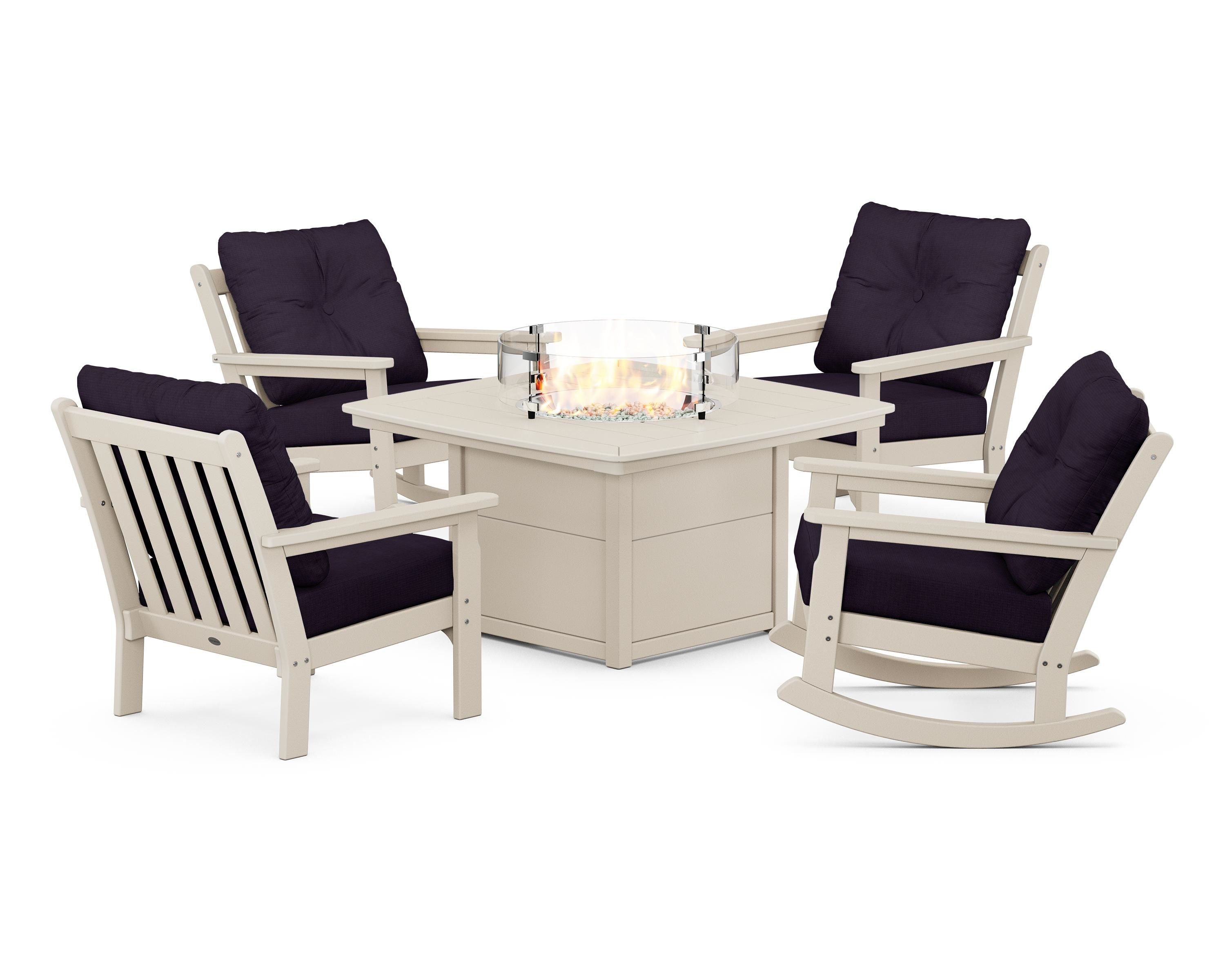 POLYWOOD® Vineyard 5-Piece Deep Seating Rocking Chair Conversation Set with Fire Pit Table in Sand / Navy Linen
