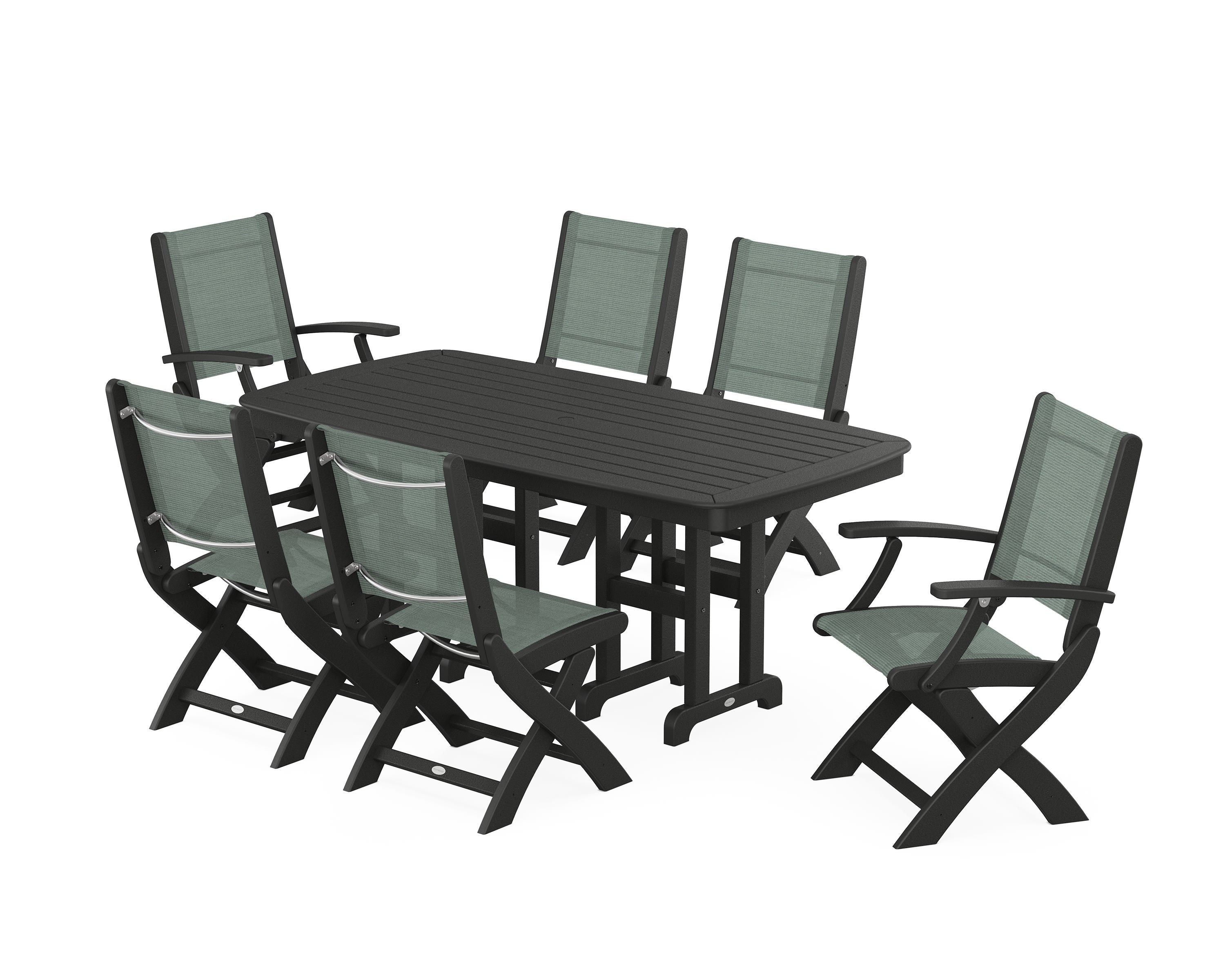 POLYWOOD® Coastal Folding Chair 7-Piece Dining Set in Black / Dupioni Sea Mist Sling