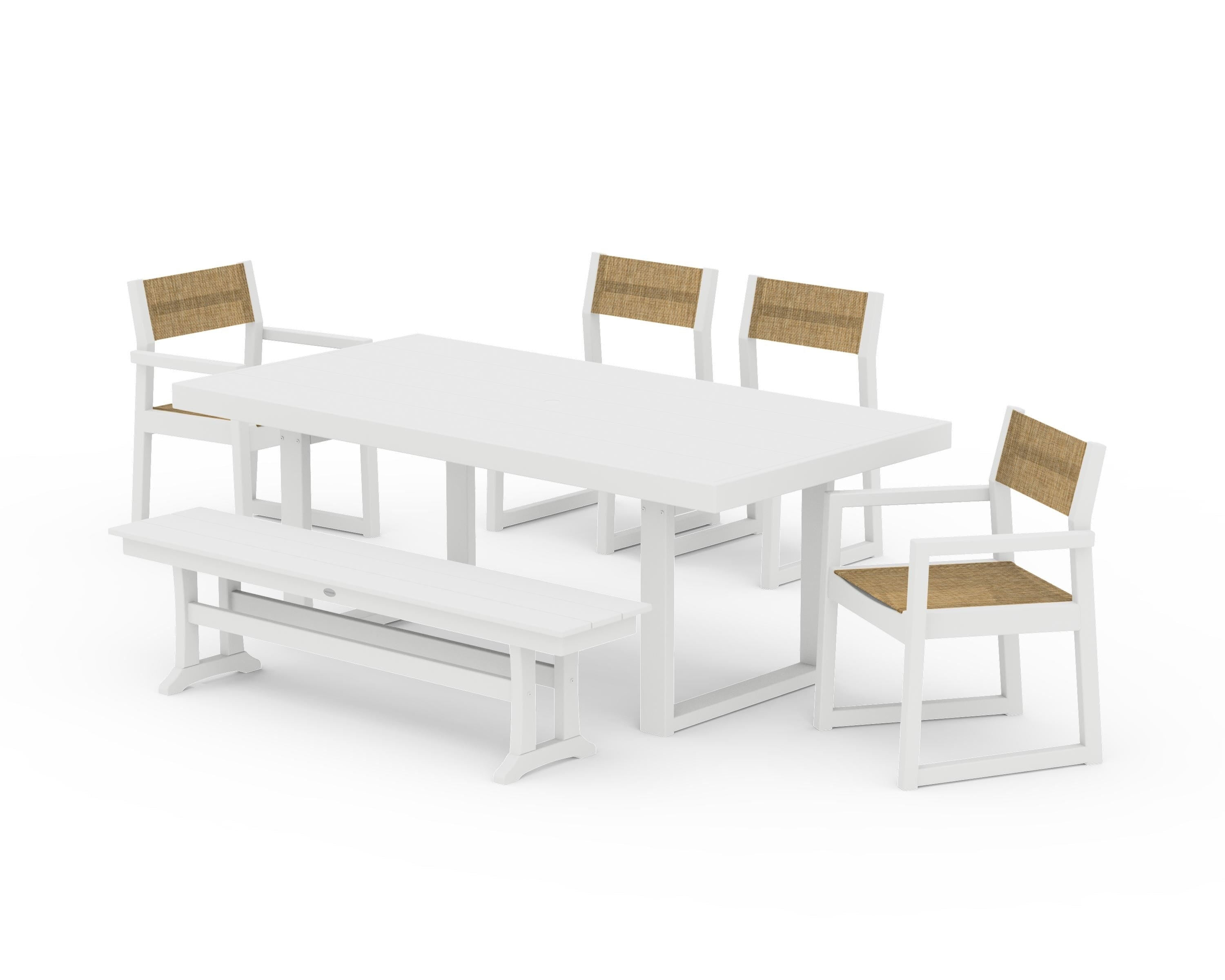 POLYWOOD® EDGE Sling 6-Piece Dining Set with Bench in White / Burlap Sling