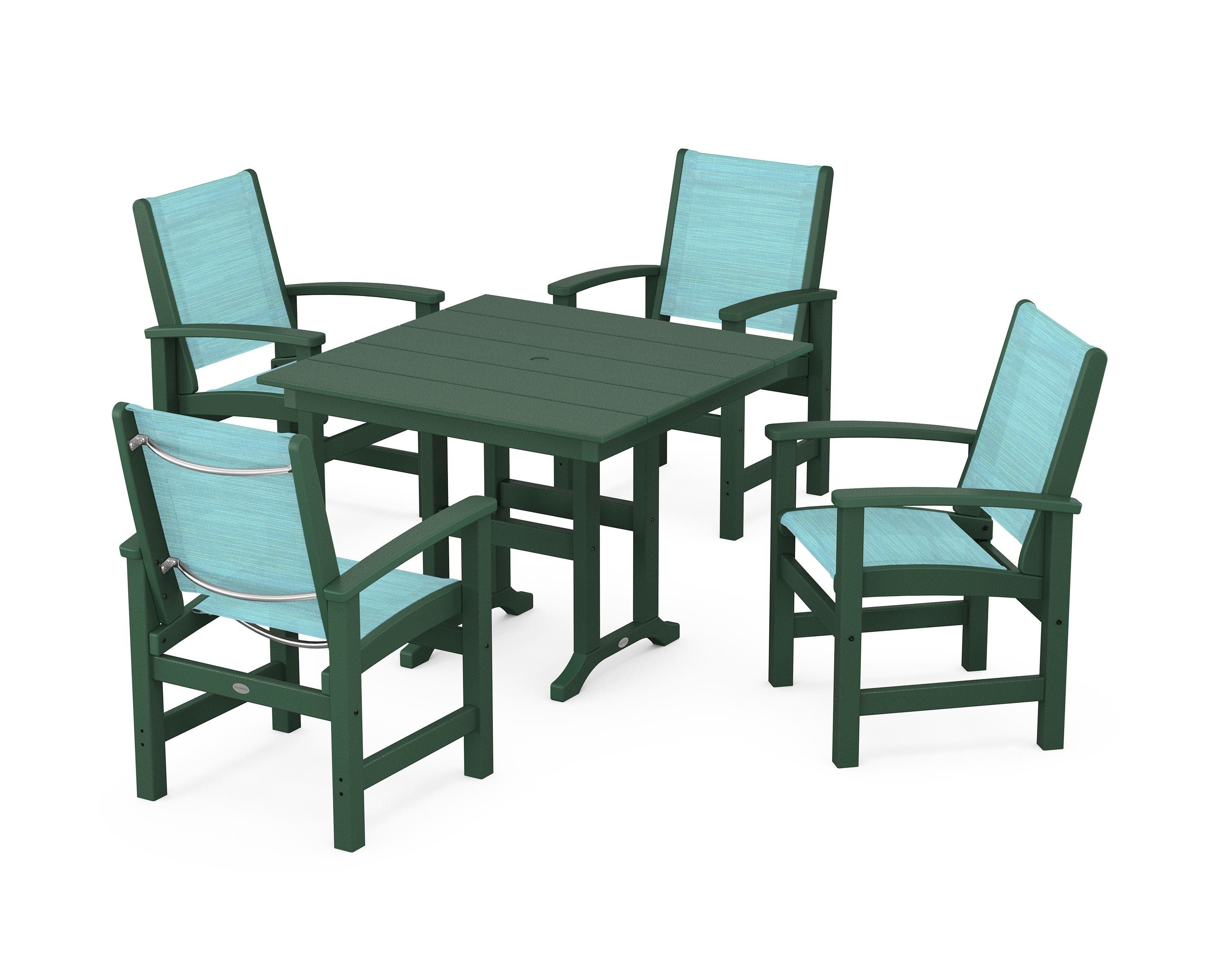 POLYWOOD® Coastal 5-Piece Farmhouse Dining Set in Green / Dupioni Aquamarine Sling