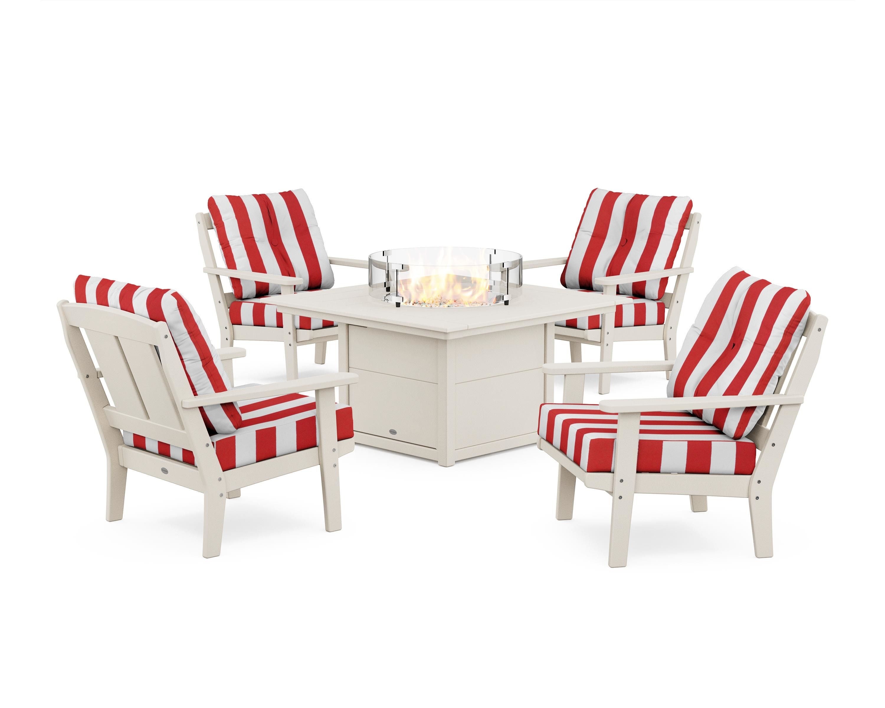POLYWOOD® Mission 5-Piece Deep Seating Set with Fire Pit Table in Sand / Cabana Stripe Crimson