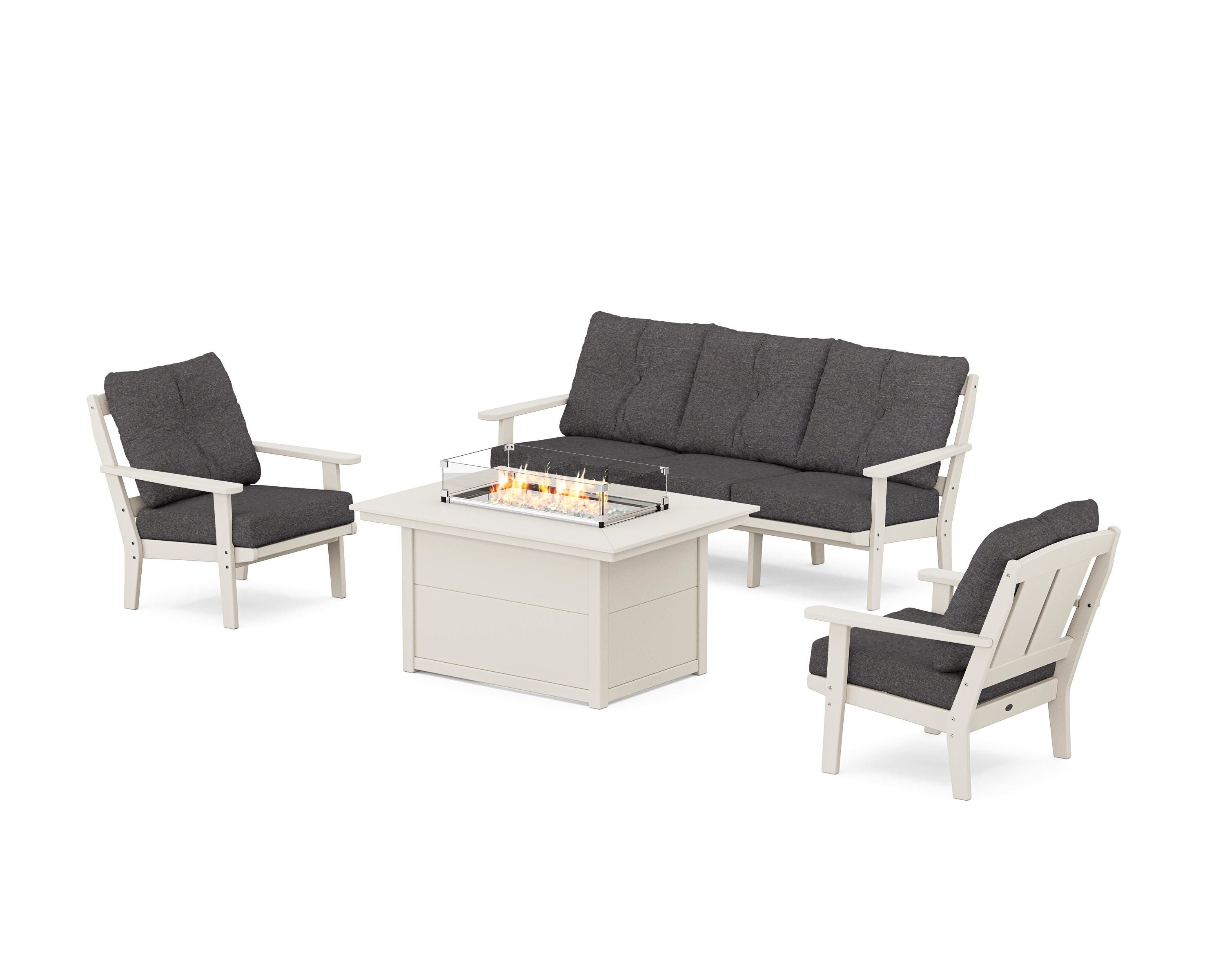 POLYWOOD® Mission Deep Seating Fire Pit Table Set in Sand / Ash Charcoal