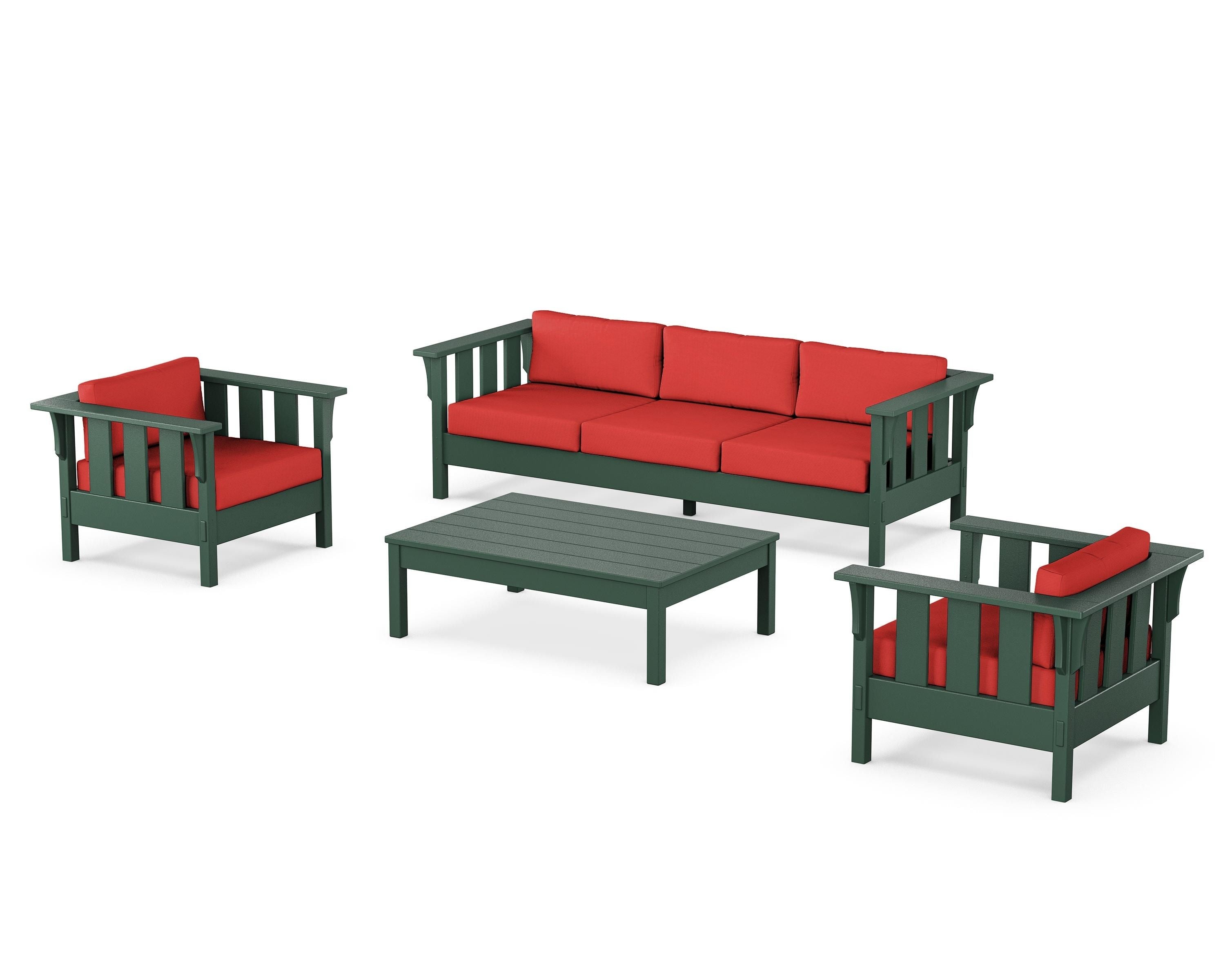 Martha Stewart by POLYWOOD® Acadia 4-Piece Deep Seating Set with Sofa in Green / Crimson Linen