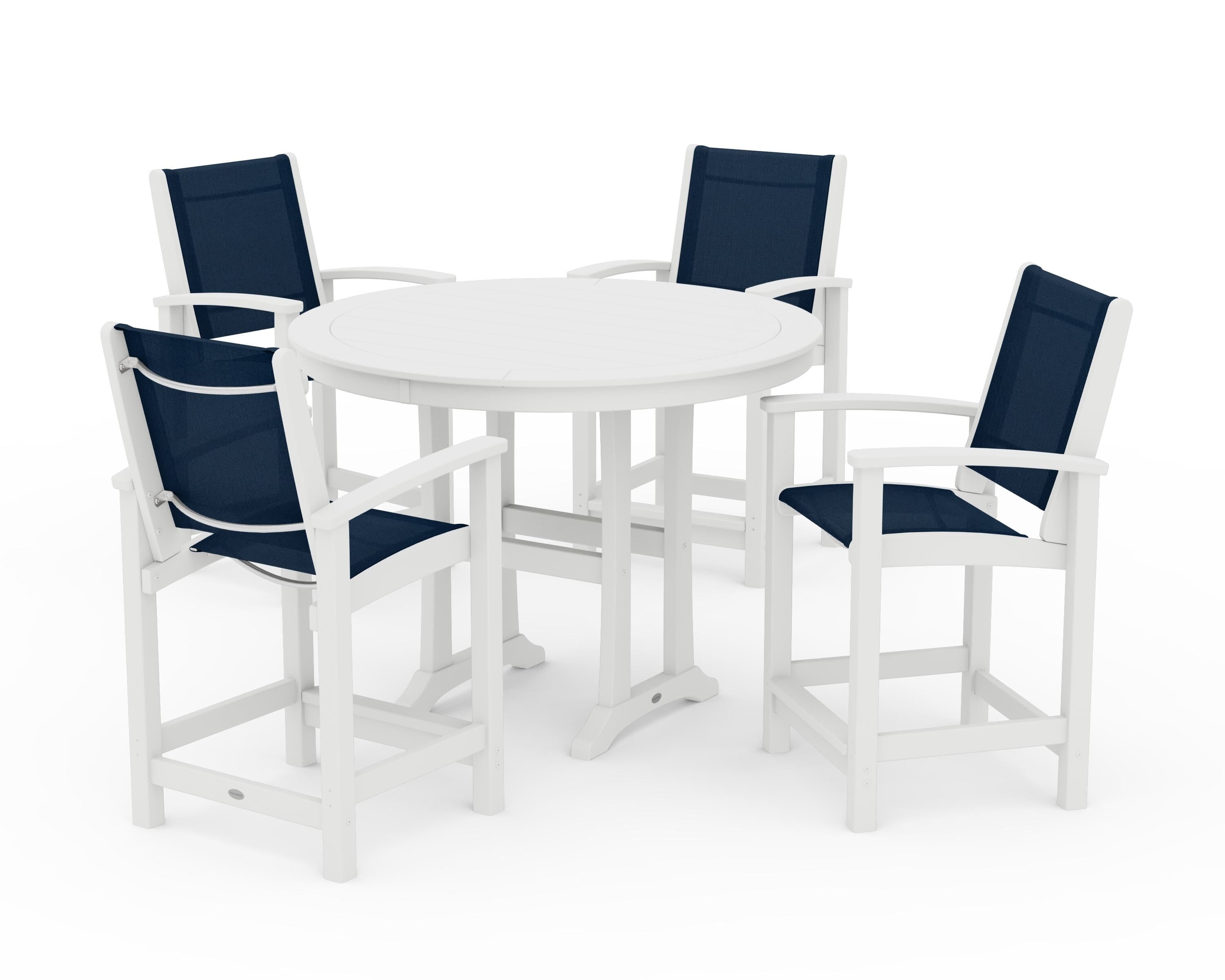 POLYWOOD® Coastal 5-Piece Counter Set in White / Navy Blue Sling