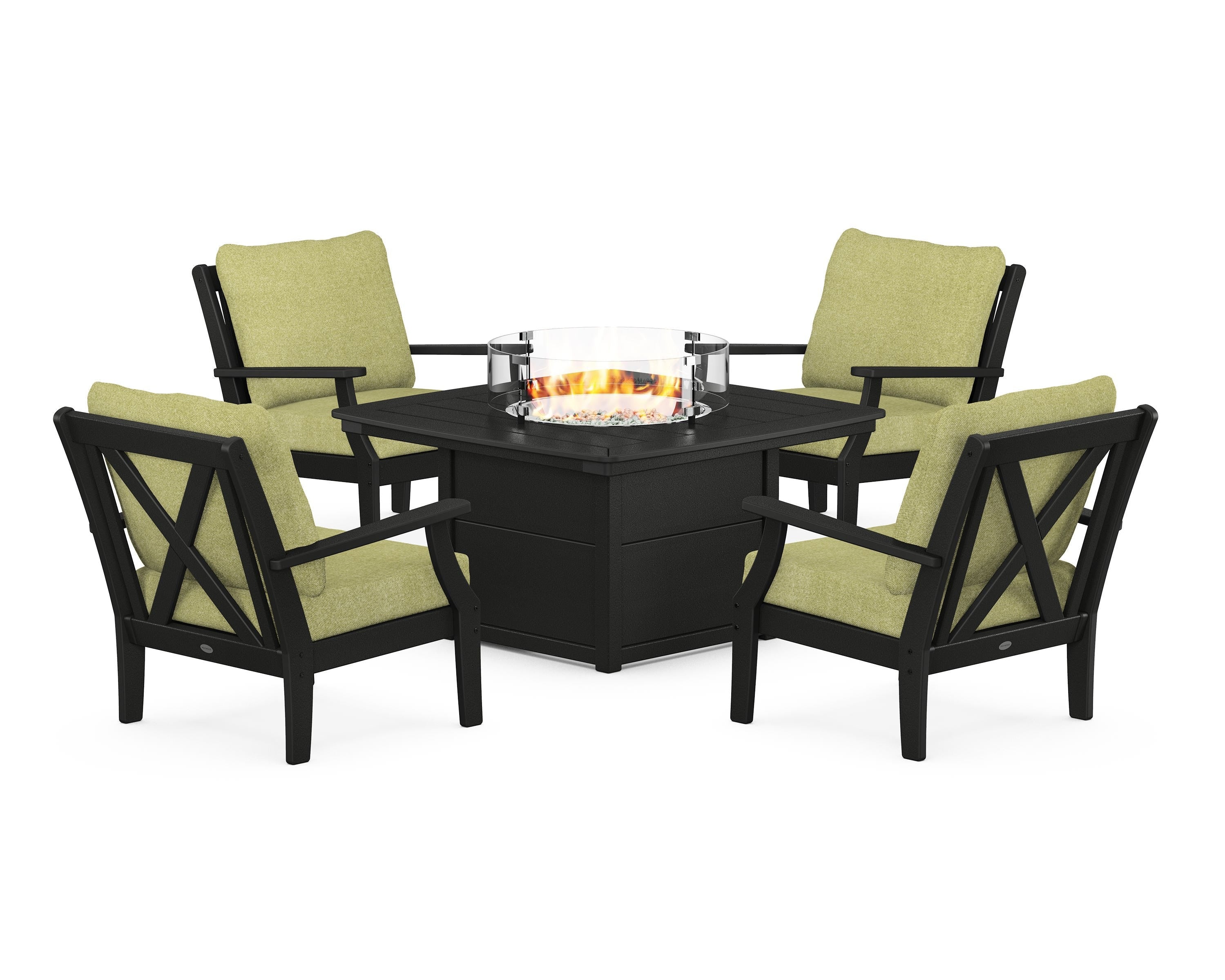 POLYWOOD® Braxton 5-Piece Deep Seating Conversation Set with Fire Pit Table in Black / Chartreuse Boucle
