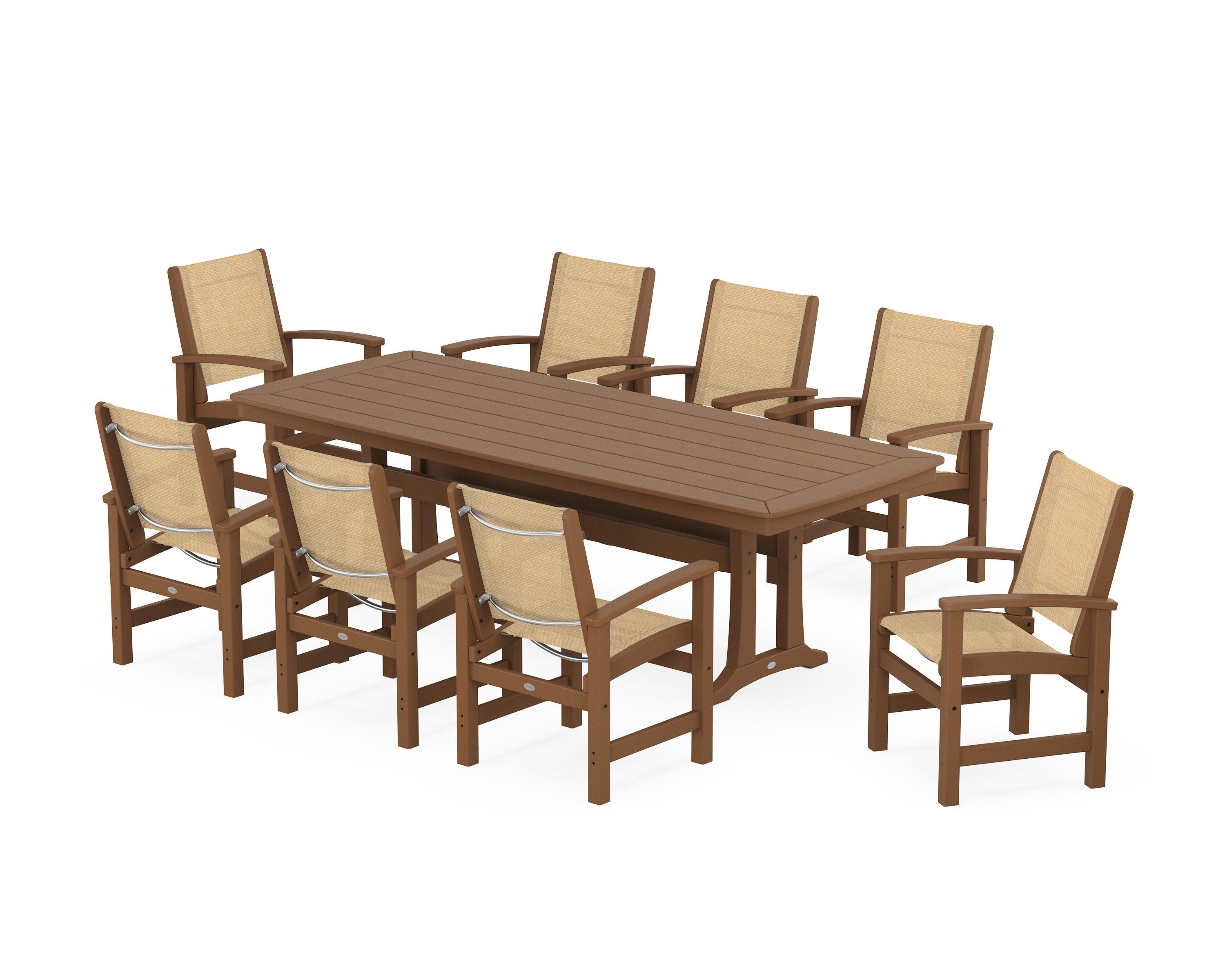 POLYWOOD® Coastal 9-Piece Dining Set with Trestle Legs in Teak / Dupioni Apricot Sling