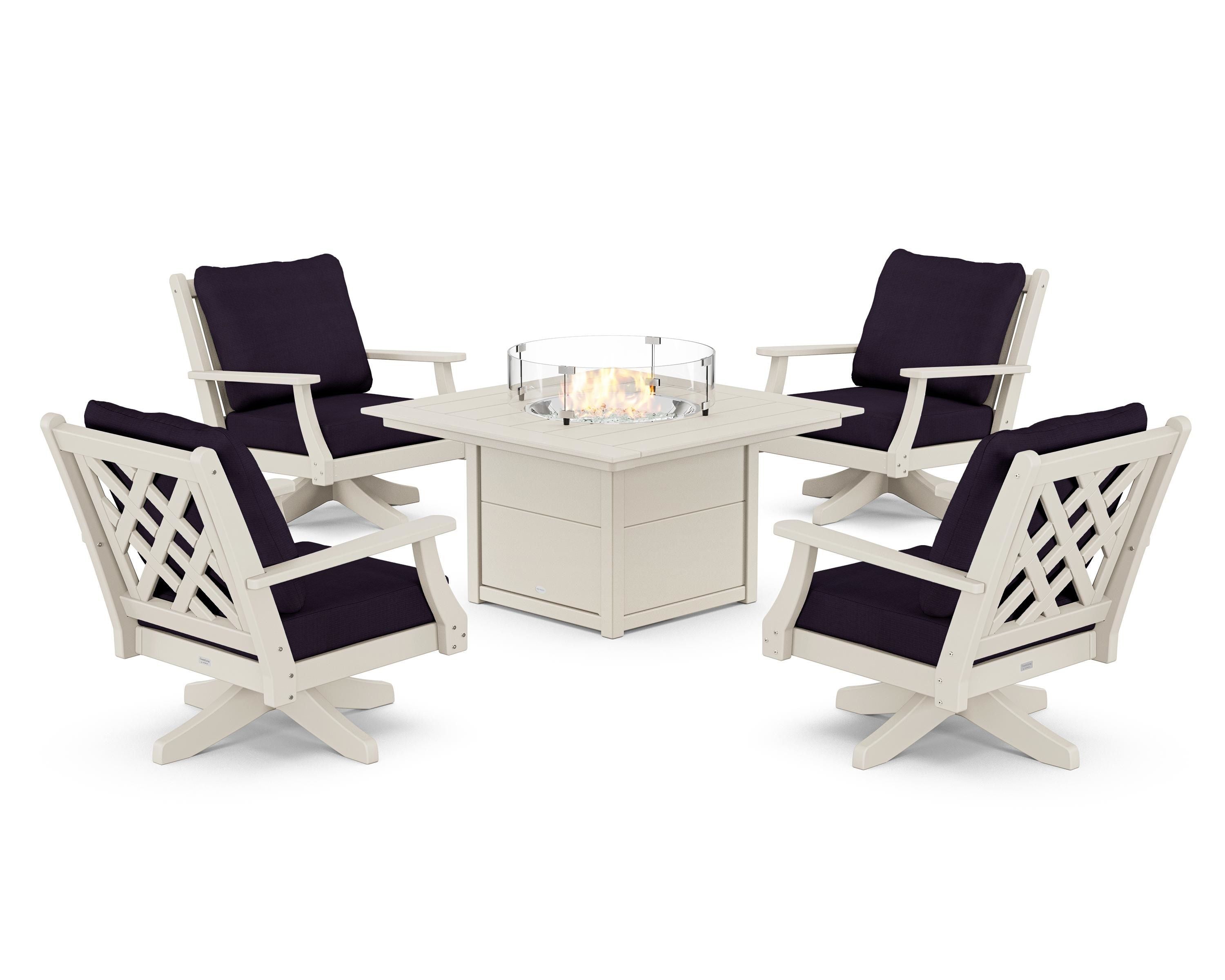 Country Living Wovendale 5-Piece Deep Seating Swivel Conversation Set with Fire Pit Table in Sand / Navy Linen