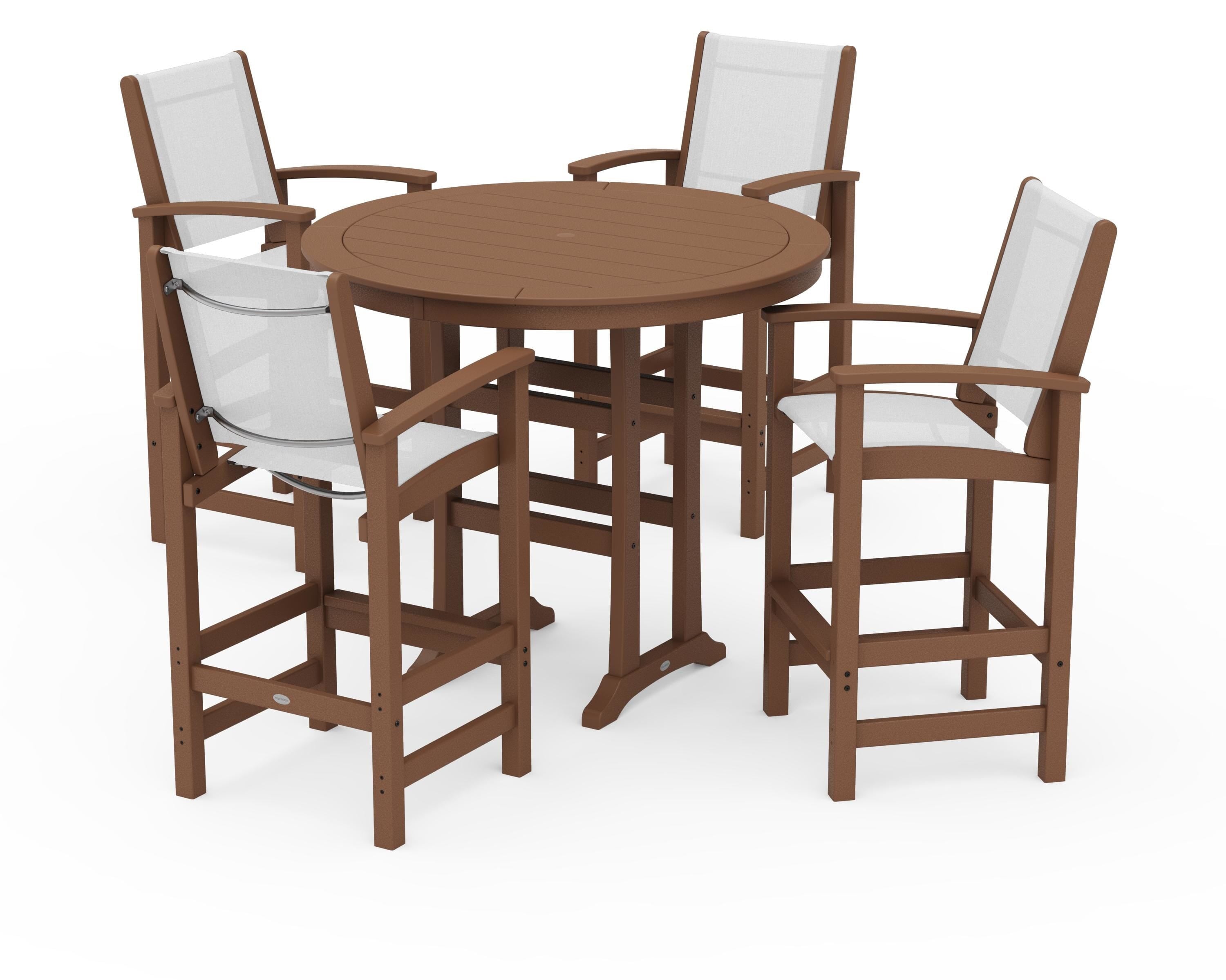 POLYWOOD® Coastal 5-Piece Nautical Trestle Bar Set in Teak / White Sling