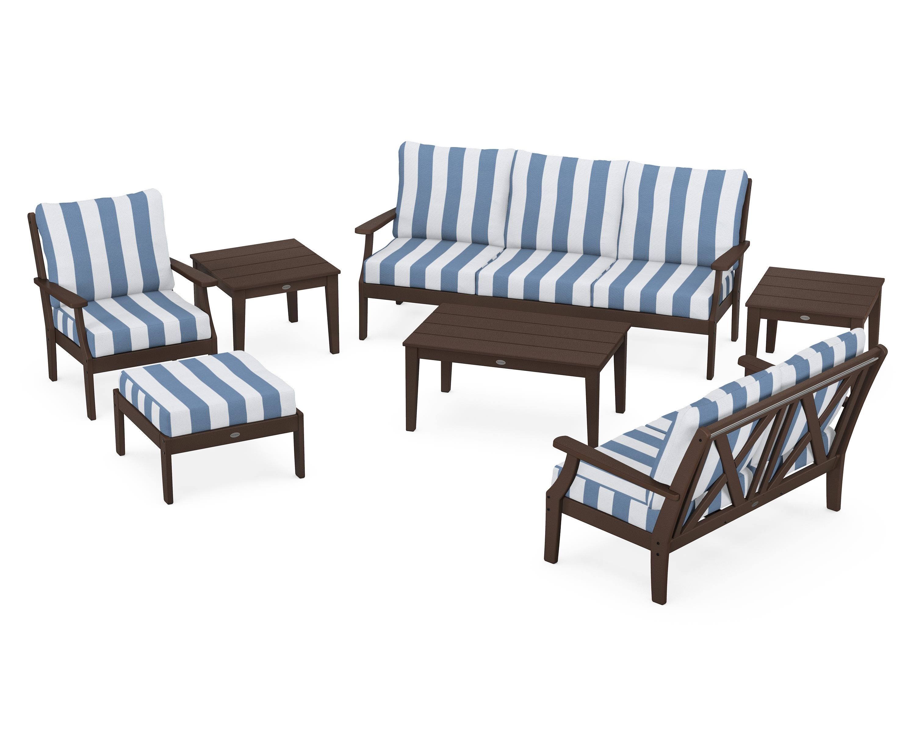 POLYWOOD® Braxton 7-Piece Deep Seating Set in Mahogany / Cabana Stripe Sky Blue